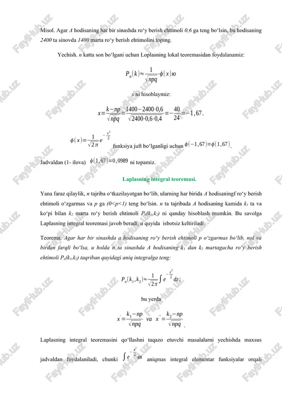 topamiz: f(5)=0,5; (1,25)=0,3944. izlanayotgan ehtimol: . v)”a kamida 75 marta roʻy berdi” va “a koʻpibilan 74 marta roʻy berdi” hodisalari qarama- qarshidir, shuning uchun bu hodisalarning ehtimollari yigʻindisi birga teng. demak, izlanayotgan ehtimol: misol. 6 ta mator bor. har bir matorning tayin vaqtda ishlab turgan boʻlish ehtimoli 0,8 ga teng. shu tayin vaqtda 4 ta mator ishlab turgan boʻlish ehtimolini toping? yechish: sexdagi 6 ta matorning har birining ishlab turish ehtimoli oʻzgarmas va p=0,8 ga teng. u holda matorning ishlamaslik ehtimoli esa: q=1-p=1-0, 8=0,2 ga teng. izlanayotgan ehtimol bernulli formulasiga koʻra quyidagiga teng boʻladi: masala. oilada 10 ta bola bor. oʻgʻil va qiz bola tugʻilish ehtimollari teng 0,5 deb hisoblab oilada 5ta oʻgʻil bola tugʻilish ehtimoli topilsin. yechish. masala. tanga uch marta tashlandi kamida 2 marta gerb tomon tushish ehtimoli topilsin. yechish. misol.100 ta stanok bir-biriga bogʻliqsiz ishlaydi shu bilan birga smena davomida ularning har birining toʻxtovsiz ishlash ehtimolligi 0,8 …