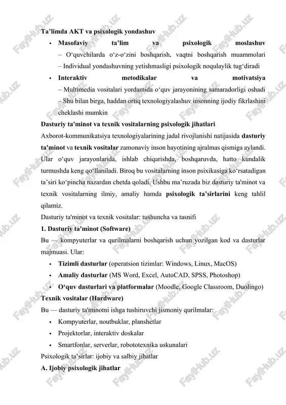 ion) – ayniqsa yoshlar va o‘smirlar o‘yinlar, ijtimoiy tarmoqlar orqali texnologiyaga haddan tashqari bog‘lanadi – bu ijtimoiy ajralish, yolg‘izlik va ruhiy tushkunlikka olib kelishi mumkin 3. stress va ruhiy bosim – murakkab interfeysli dasturlarni o‘zlashtirish qiyinchilik tug‘diradi – internetga doimiy bog‘liq holda ishlash foydalanuvchida psixologik zo‘riqish (mental overload) paydo qiladi psixologik muammolarning yechimi: tavsiyalar 1. raqamli balansni saqlash · kun davomida texnik vositalardan foydalanish uchun me’yorda vaqt ajratish · “raqamli detoks” kunlarini joriy qilish 2. psixologik moslashuv ko‘nikmalarini rivojlantirish · stressga chidamlilik, vaqtni boshqarish, o‘zini rag‘batlantirish ko‘nikmalarini shakllantirish · akt texnologiyalaridan foydalanishda maqsadga muvofiqlik prinsipini qo‘llash 3. intuitiv va foydalanuvchiga qulay interfeys yaratish · dasturiy ta’minot ishlab chiquvchilar psixologik omillarni inobatga olgan holda, foydalanuvchiga qulay interfeys ishlab chiqishlari zarur ta’limda va ish muhitida akt vositalarining psixologik integratsiyasi · masofaviy ta’lim: raqamli platformalar orqali ta’lim jarayoni psixologik moslashuvga muhtoj · ish joylarida: onlayn monitoring, virtual aloqa xodimlarda o‘zini nazorat ostida his …