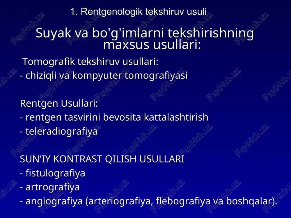 , subperiostal sinish, epifizioliz bolalarda suyak sinishi bilak suyaklari: subperiostal sinish burchakli siljish bilan diafizning o'rta uchdan bir qismida bolaning tirsak suyagi suyak bo'laklari * bolalardagi travmatik shikastlanishlar bilak suyaklari: fragmentlarning burchakli siljishi bilan subperiostal sinish bolalardagi travmatik shikastlanishlar bilakning distal metafizi - travmatik epifizioliz bolalardagi travmatik shikastlanishlar bilak suyaklari: subperiostal sinish bolaning bilagi diafizning distal uchdan bir qismi * iv. singanlar tikslanishi suyak qadog’i shakllanishi bosqichlari: 1. biriktiruvchi to'qima (7-10 kun) 2. osteoid (7-10 kun) 3. suyak qadog’i (kattalarda 21-kuni, bolalarda 18-kun) iv. singanlar tikslanishi- suyak qadog’i suyak bo'laklarining noto'g'ri joylashuvi tufayli qadog’ v. singanlarning asoratlari: - soxta bo'g'in, - haddan tashqari (gigant, buzuq) suyak qadog’i, - travmadan keyingi osteomielit v. singanlarning asoratlari: soxta bo’g’im (sxema): - suyak qadog’ining yo'qligi parchalar orasida, - yopilishlarning shakllanishi, - parchalar uchlarining yumaloqligi va silliqligi; - artikulyar shakllanishi rozetka va artikulyar bosh. soxta bo’g’im v. singanlarning asoratlari : gazli gangrena iii. kasalliklarning rentgen …