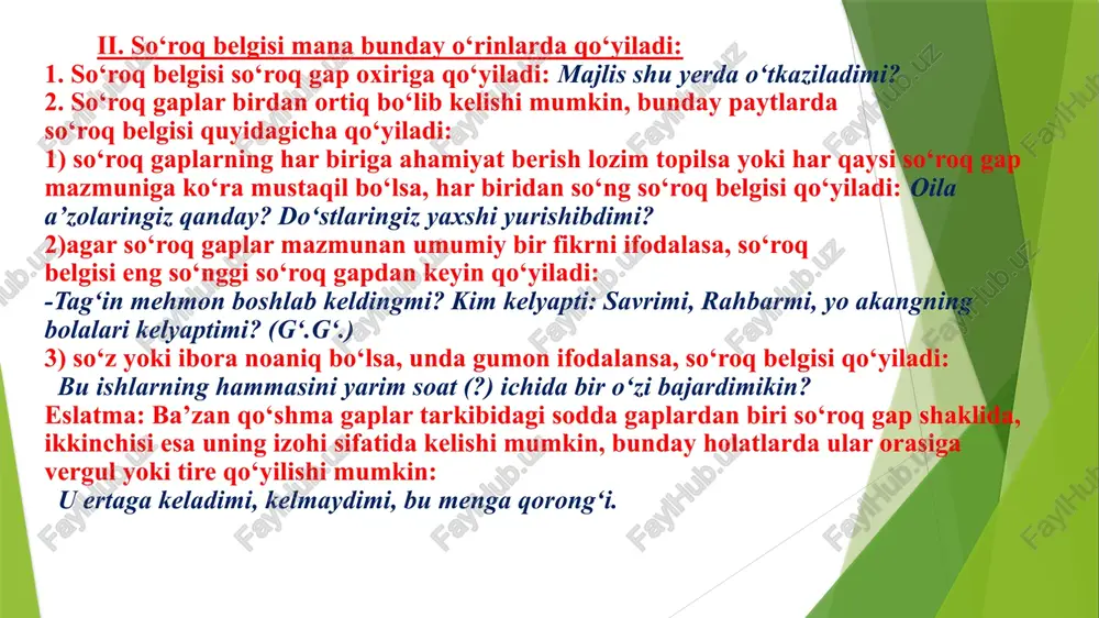lab berdi. 4. muallif gapi bilan ko‘chirma gap orasida: - bugun kelasizmi? – so‘radi qizi. 5. dialog tipidagi ko‘chirma gaplarda: - jo‘nab ketdimi? - ketdi. 6. kutilmagan voqea – hodisalarni ifodalagan gaplardan oldin: kecha tog‘amlarnikiga borgan edim – alisher kelibdi! 7. bog‘lovchisiz qo‘shma gap tarkibidagi sodda gaplar: a) zidlik mazmunini anglatsa: kechasi sovuq – kunduzi issiq; b) birinchi gap ikkinchi gap kesimidan anglashilgan ish-harakatning bajarilish natijasini yoki shartini bildirsa: ishning ko‘zini bil – dala ham obod, choyxona ham. qo‘shning tinch – sen tinch; c) birinchi gap mazmuni ikkinchi gap mazmuniga o‘xshatilsa: qor yog‘di – don yog‘di. 8. savol-javobdan iborat har bir luqmadan (replikadan) oldin: - hov, ana, ko‘ryapsanmi? - nimani? - gumbaz tepasidagi laylak inini. - ko‘ryapman. ix. qavs quyidagi o‘rinlarda qo‘yiladi: 1. kiritma gapni ajratish uchun: qizil duxobaga o‘ralgan daftarchaning jildiga (qalandar buni keyin, madrasaga qaytgach ko‘rdi) zar bilan shu satrlar bitilgan edi. 2. ifodalanayotgan fikrga yoki uning biror …