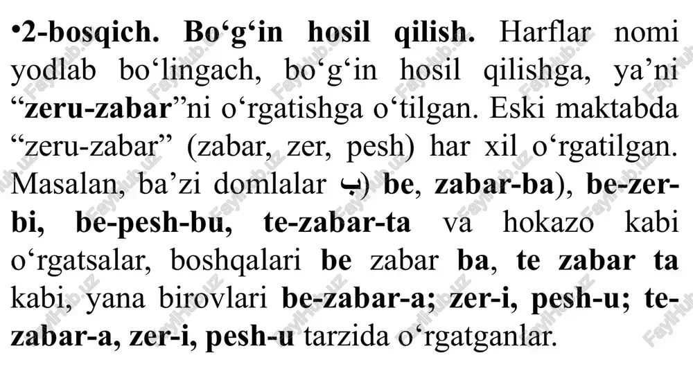 b, u sintetik tovush metodini qat’iy himoya qilgan. tovush metodi bilan savod o‘rgatilganda, so‘zning eng kichik bo‘lagi, ya’ni nutq tovushlari asos qilib olinadi. so‘zning ma’nosini o‘zgartira oluvchi har bir tovush yozuvda harf orqali ifodalanishi: so‘zda tovushlar almashinishi, ortishi yoki kamayishi natijasida boshqa bir yangi so‘z hosil bo‘lishi mumkinligi bolalar ongiga yetkaziladi. keyingi yillarda ham xat-savod tovush metodida o‘rgatilmoqda. atoqli metodistlar (s.p.redazubov, a.i.voskresenskaya, k.qosimova, y.abdullayev, o.sharafiddinov va boshq.) tovush metodida xat-savod o‘rgatishni takomillashtirdilar. arab alifbosida yozuvni o‘rgatish qiyin bo‘lgan. bu alifbodagi harflar so‘zda qo‘llash o‘rniga qarab, har xil shaklda yozilgan, bu yozuvni o‘rganishni qiyinlashtirgan. shuning uchun ko‘p maktablarda bolalarga o‘qish o‘rgatilib yozuv o‘rgatilmagan, chunki domla va otinoyilarning ko‘pchiligi o‘qishni bilib, yozishni bilmagan. eski maktabda yozish chiziqsiz tekis oq qog‘ozga dastlab yo‘g‘onroq savag‘ich qalamda o‘rgatilgan; bolalar yozishni ozroq o‘rganganlaridan keyin qamish qalamda ham yozishgan, ularga ruchkada yozishga ruxsat etilmagan. yozishni o‘rgatish alifbo tartibida harflarning alohida-alohida shaklini yozdirishdan boshlangan. avval alifni yozish o‘rgatilgan, …