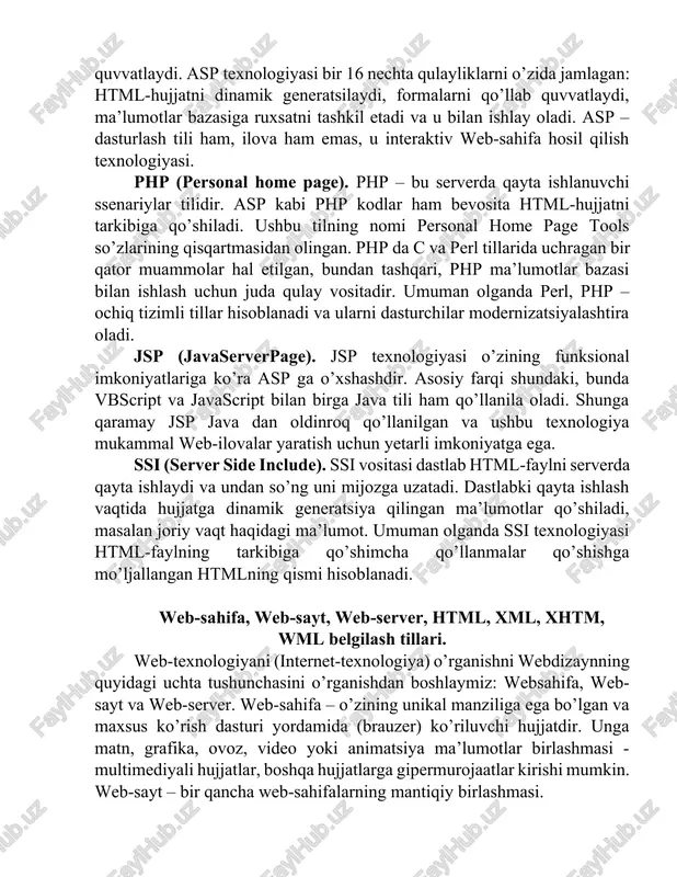 ujjatni barcha kompyuterda ko’rish imkoniyati mavjuddir. bunday maxsus tillar belgili tillar deb ataladi. ularning asosiy vazifasi – web-sahifaga ―ma’lumotlarni joylashtirish‖ va ular orasidagi aloqani (gipermurojaatlar) ta’minlashdan iborat. html (hypertext markup language). dastlab world wide web tizimi matnli ma’lumotlarni va html hujjatlarni ko’rishga mo’ljallangan, matnni tahrirlovchi tilga o’xshash tizim bo’lgan. ayni damda html tili www dagi eng ommabop tillardan biri hisoblanadi. html tilida yozilgan ma’lumotlar o’z ichiga matnli fayllar, grafik ma’lumotlar va boshqalarni oladi. hujjatlar orasidagi aloqani ta’minlash va ma’lumotlarni formatlash vositalari teg (tag) deb ataluvchi vosita orqali amalga oshiriladi. web-sahifaning matn va teglari aralash ravishda html-hujjat deb ataluvchi faylining ichiga joylashtiriladi. qanday tegni qo’llaganingizga qarab brauzer oynasida ma’lumotlar turlicha ko’rinadi. html hujjatga ma’lumotlarni joylashtirish va tahrirlash uchun yuzlab teglar mavjud. masalan, va teglari xat boshini tashkil etadi, va juft teglari esa, matnni yozma (kursiv) holda ko’rsatish uchun qo’llaniladi. shu bilan birga gipermatnli xavola (ssilka)lar teglari ham mavjud. ushbu elementlar foydalanuvchiga …