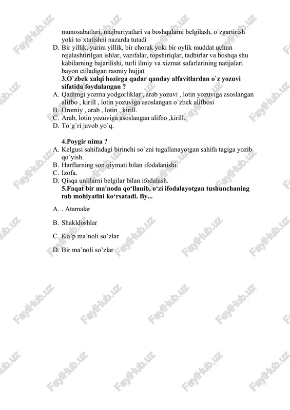 olganligingizning sababi, darsga kela olmaganligingizning sababi, berilgan topshiriqning o`z vaqtida bajarilmaganligining sababi, shanbalikda belgilangan vazifalarning tugallanmay qolganligining sababi, maxsulot tayyorlashdagi uzilishlarning sabablari va hokazo. 2. quyidagi mavzularda tilxat namunalari yozing: guruh sardorii sifatida talabalar stipendiyasini tarqatish uchun katta miqdorda pul olganligingiz haqida, o`rtog`ingizdan ma’lum miqdorda pul qarz olganlingiz haqida, qo`shningizning videokamerasini vaqtincha ishlatib turish uchun olganligingiz haqida va hokazo. 3. quyidagi mavzularda ishonch xati namunalari yozing: sizning nomingizga kelgan pochta jo`natmasini olish uchun o`rtog`ingizning nomiga ishonch xati yozing, xizmat safariga ketayotganligingiz munosabati bilan oylik maoshingizni olishi uchun turmush o`rtog`ingiz nomiga ishonch xati yozing, malaka oshirish uchun o`qishga ketayotganligingiz munosabati bilan oylik maoshingizni olishi uchun akangiz nomiga ishonch xati yozing va hokazo. test. 1.talabalar oliy o`quv yurti qabul komissiyasiga hujjatlarini topshirganlarida ularga qabul komissiyasi mas’ul xodimi tomonidan qanday rasmiy hujjat beriladi. a. tilxat b. tushuntirish xati c. tarjimayi hol d. ariza 2.tushuntirish xatiga oid ta’rifni ko’rsating a. xizmat sohasida, ish joyida …