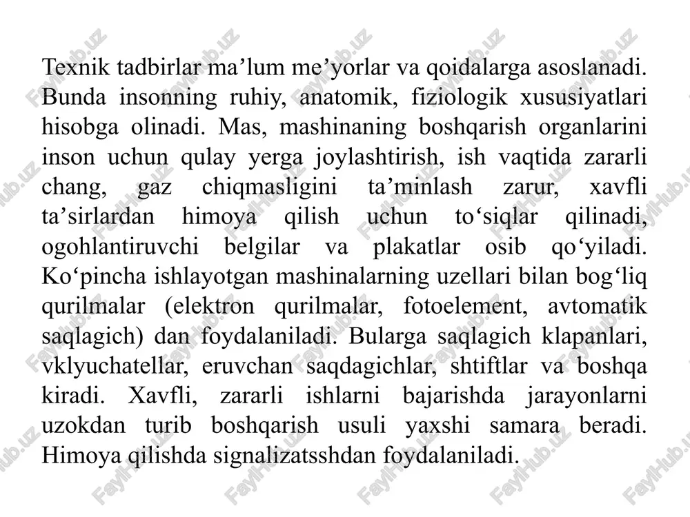 iyatini xavfsizligiga tayyorligini ko’rsatishdir. demak, insonning hayot faoliyatini xavfsizligi - xavfsizlik madaniyatining shaxsda gavdalanishini asosiy tarkibi hisoblanadi. yevropa hamjamiyatida mehnatni muxofaza qilishga katta e‘tibor bilan qaralyapti. texnik modernizatsiyasini yangilanishiga qarab, faoliyat bilimini yangilash va rivojlantirish, jarohatlanishning oldini olish madaniyatini tarbiyalash bo’yicha ishlar to’xtovsiz olib borilmoqda. e’tiboringiz uchun rahmat /docprops/thumbnail.jpeg