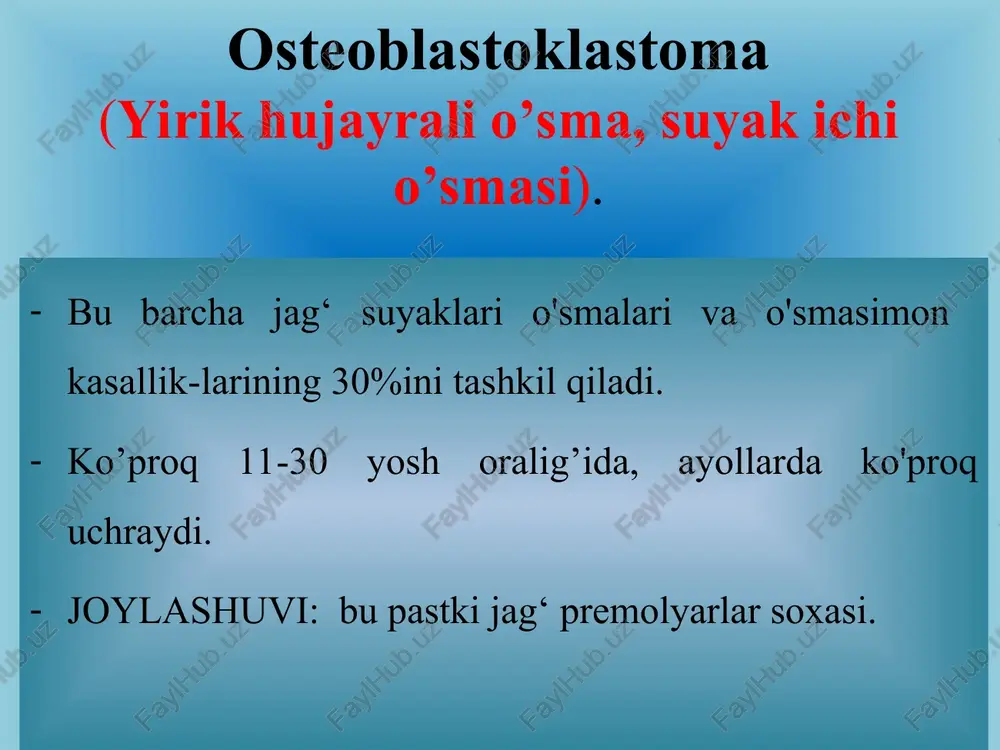 i aniq emas. osteogen sarkoma. o’sma urchuqsimon shakldagi polimorf hujayralardan tarkib topgan. osma sohasida gifant hujayralar va osteoid moddaldr aniqlanadi. so’lak bezlari adenomasi. so‘lak bezi adenomasi. adenoma (sialoadenoma) – xavfsiz kam uchraydi-gan o‘sma. makroskopik; - o‘sma – aniq chegarali, yumaloq shakldagi tuguncha bo‘lib, yumshoq, baʼzan zichroq konsistensiyali to‘qimadan tarkip topadi. mikroskopik; – kubsimon yoki prizmatik epiteliy-dan tarkip topgan naychalar xosil qiladi. agar o‘smada kistoz bo‘shliqlar bo‘lsa sistadenoma deyiladi. pleomorf adenoma. pleomorf adenoma (fibro-mikso-xondro-epiteli-oma), aralash o‘sma - ko‘p uchraydigan xavfsiz o‘sma (50%). asosan quloq oldi so‘lak bezida rivojlanadi (90%). jag‘ osti so‘lak bezlarida xam uchrashi mumkin. makroskopik; - shakli; - tuguncha ko‘rinishida. -konsistensiyasi – turlicha. -kesimida bo‘lakchali tuzilishga ega, bo‘lakchalar biriktiruvchi to‘qima bilan ajratilgan, o‘sma to‘qi-masida yarim tiniq suyuqlik bilan to‘lgan kistoz bo‘shliqlar uchraydi. baʼzan qon quyilish o‘choqlari aniqlanadi. mikroskopik; - o‘sma murakkab gistologik tuzilishga ega bo’lib; - epitelial, miksoid va xondroid sifatli elementlardan tarkib topadi. epitelial xujayralar; - poligonal, yumalok …