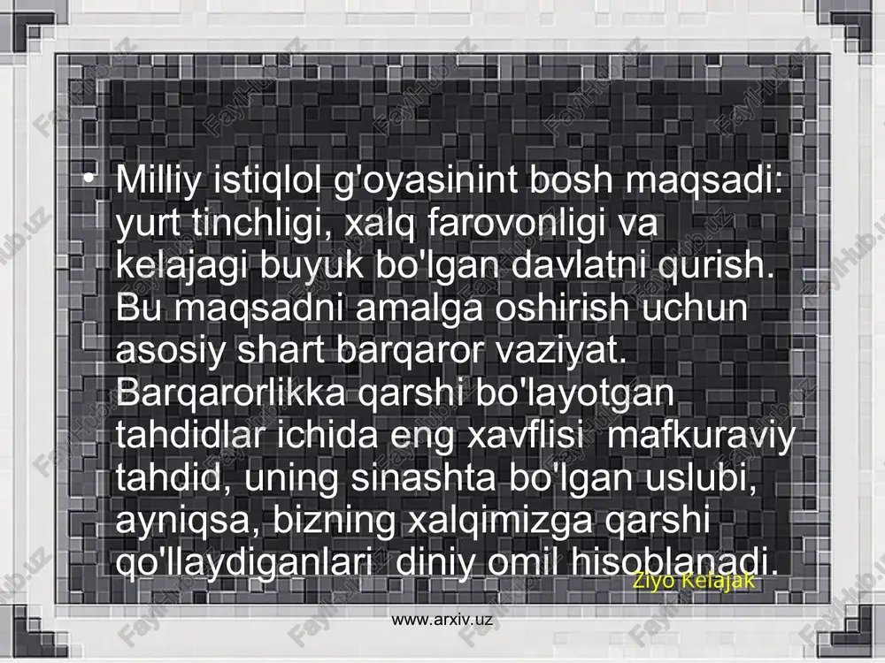 an yuborilgan edi. uning talabalari fuqaho sifatida tan olindi va ularning eng mashhurlaridan biri hammod ibn abu sulaymon (738 y.) mazkur mazhabga nom bergan abu hanifaning ustozi bo'lgan. ziyo kelajak www.arxiv.uz www.arxiv.uz abu hanifa kufalik bo'lib, o'zining ismi no'mon ibn sobit edi. o'ziga to'q ipak sotuvchi xonadonida tavallud topgan. a'lo ta'lim olib, yoshligida so'nggi sahobalarning suhbatini olgan. 22 yoshida mashhur huquqshunos hammod ibn abu sulaymonning shogirdi va uning davrasida 18 yil tahsilda bo'ladi. ustoz vafotidan so'ng 10 yil davomida ushbu to'garakka rahbarlik qiladi. u kufa va basraning eng obro'li faqihi hisoblangan. 747-748 yili uni davlat xizmatiga chorlagan iroq hokimining zulmidan qochib, makkaga ko'chib o'tadi. hokimiyatga abbosiylar kelgach, iroqqa qaytadi va boy tojir hamda nufuzli olim sifatida hayot kechiradi. xalifa mansur (754-775) bag'dodda unga qozi yoki boshqa yuksak martabani egallashni taklif etganida qat'iyan rad javobini beradi. xalifa uning irodasini bo'ysundirish uchun yoshi va obro'siga ham qaramay, qamoqqa tashlaydi, hatto savalashga buyuradi. …