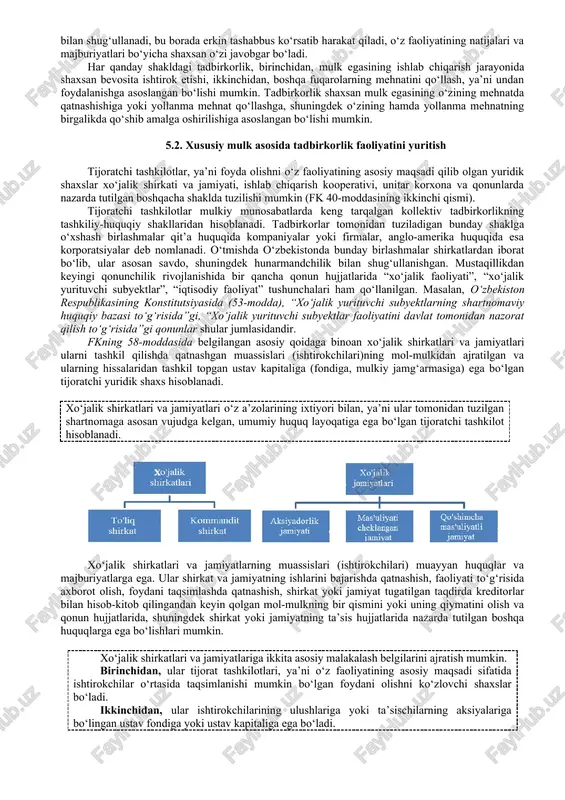 mumiy ulushli mulkning vujudga kelishiga yo‘l qo‘yilmasdi. agar meros olish, rekvizitsiya yoki musodara qilish natijasida yoki boshqa asoslarga ko‘ra davlat bilan fuqaroning yoxud kooperativ va boshqa jamoat tashkiloti bilan fuqaroning umumiy mulki tashkil bo‘lib qolsa, u holda bunday umumiy mulk paydo bo‘lgan kundan boshlab bir yil ichida qonunda ko‘zda tutilgan usullarni qo‘llash yo‘li bilan bekor qilinishi lozim edi. endilikda mol-mulklarni umumlashtirish asosida birgalikda tadbirkorlik faoliyatini amalga oshirish uchun keng imkoniyat yaratildi. tadbirkorlik chet ellik fuqarolar hamda yuridik shaxslarning mol-mulklarini turli shakllarda jalb etish asosida ham amalga oshiriladi. mol-mulkdan foydalanish, uni tasarruf etish, uning asosida tadbirkorlik yuritish haqidagi o‘zbekiston fuqarolariga tegishli qoidalar xorijiy fuqarolarga ham taalluqlidir. ushbu huquqdan foydalanib, zarur sarmoyaga ega bo‘lgan ajnabiy davlat fuqarolari o‘zaro manfaatdorlik asosida qo‘shma korxonalar yoki faqat o‘zlariga tegishli bo‘lgan korxonalarni imtiyozli ravishda tashkil etishlariga imkon beriladi. bunda ularning mol-mulklari va mulkiy huquqlari, manfaatlari qonun bilan qo‘riqlanadi va daxlsizligi to‘la kafolatlanadi. xorijiy fuqarolar respublika hududida …