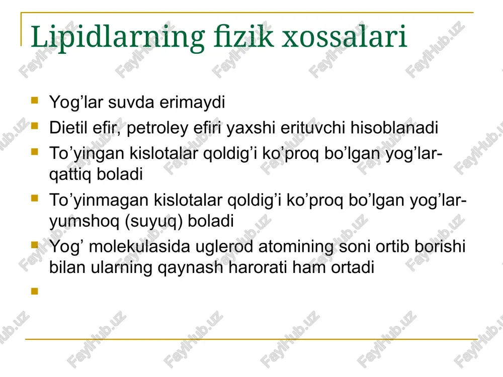 sidlanganda retinal hosil bo'ladi. triterpenlar (s5n8)6 triterpenlarning namoyondalaridan biri s k v a l e n d i r. skvalen s30n50 tarkibga ega. skvalen molekulasi 6 ta izopren qoldig'ini saqlaydi. skvalen ba'zi bir baliqlarning jigar yog'ining asosini tashkil etadi. yog' va moylarning gidrolizlanmaydigan qismida uchraydi. skvaleini tuzilishini karer aniqlagan. tabiiy skvalenni hamma qo'sh bog'idagi gruppalar trans konfiguratsiyaga ega. skvalen singetik usul bilan ham olingan. skvalen izopren qoidasi bo'yicha tuzilgan. organizmda skvalendan steroidlar hosil bo'lishi aniqangan. tetraterpenlar (s5n8)8 tetraterpenlar gruppasiga karatinoidlar kiradi. karatinoidlar tabiiy pigment bo'lib s40n56 umumiy formulaga ega. karatinoidlar tabiatda sabzi, johari, smorodina, qovoq va boshqa o'simlliklar tarkibida bo'ladi. karatinoidlar molekulasida 8 ta izopren qoldig'i bo'lib 2 ta vitamin-a molekulasida tashkil topgan. karatinoidlarning α-, β- va γ- izomerlari mavjud. bulardan β-izomeri ahamiyatga egadir. β- karotin sabzi va sariyog'da ko'p bo'ladi. u organizmda fermentlar karatinaza ta'sirida parchalanib 2 ta molekula vitamin-a ni hosil qiladi. karatinlar a - vitamin hosil bo'ladi. …