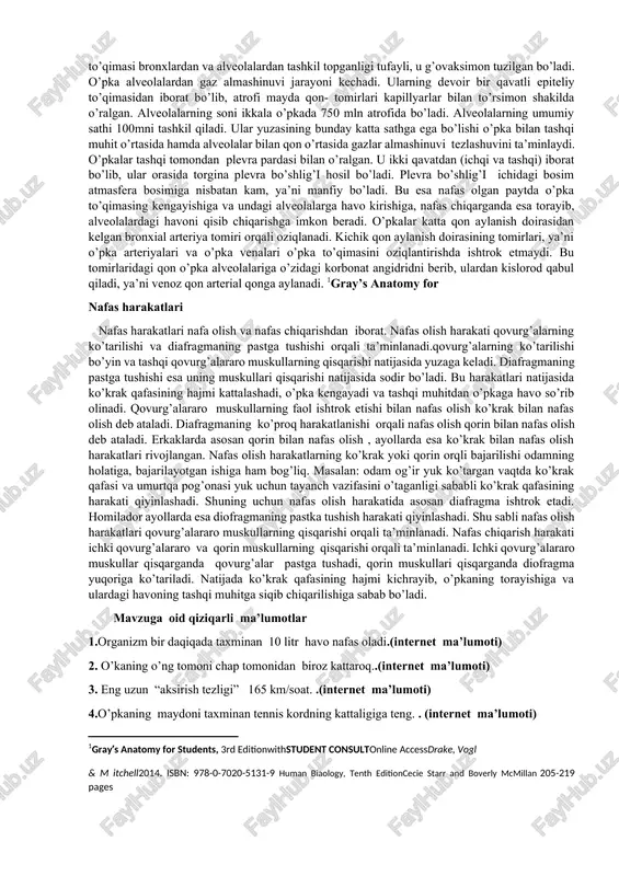 bronhiolasi hosil bo’ladi. bo’lakcha bronxiolasiga to’gri kelgan o’pka qismiga ikkilamchi bo’lakcha deyiladi. bo’lakcha bronxiolasi ohirgi bronxiolaga bo’linadi. oxirgi bronxiola devorida tog’ay moddasi uchramaydi, shilliq bezlar bo’lmaydi. oxirgi bronxiolalar nafas bronxiolalariga, ular esa nafas yo’llariga davom etib, nafas xaltachalari bilan tugaydi. o’pkaning eng kichik morfo- funksional birligiga - atsinus deyiladi. hiqildoq bo’shlig’i- cavitas laryngis hiqildoq bo’shlig’iga kirish teshigi –aditus laryngis hiqildoq usti tog’ayi, cho’michsimon tog’ayining uchi va yon sohada plica aryepiglotticae burmalari orasida joylashadi. hiqildoq bo’shlig’i qum soatiga o’xshash tuzilishga ega. shunga ko’ra hiqildoq ancha murakkab tuzilgan. hiqildoq iv – vi bo’yin umurtqalari sohasida bo’yinning oldingi yuzasida joylashgan. ayyollarda hiqildoq erkaklardagiga nisbatan biroz yuqorida, bolalarda esa kattalarga qaraganda yuqoriroq, keksa odamlarda esa, o’rta yoshdagilarga qaraganda pastroqda joylashgan.hiqildoq yuqori tomondan til osti suyagiga osilib turadi, pastda esa biroz torayib, kekirdakka davom etadi. nafas chiqarish vaqtida o’pkalardan qaytib chiqayotgan havo hiqqildoqdagi tog’aylar orasida tortilgan ovoz boylamlariga urilib tovush chiqaradi. dahliz bo’shlig’ining pastki chegarasi …