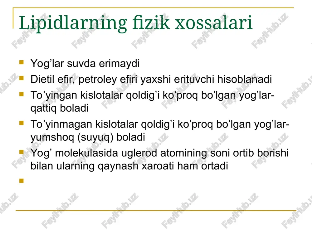 r bo'lgan bemorlarga jigarni yaxshi qovurmasdan iste'mol qilishni maslahat beradi. ota bobolarimiz tajriba yo'li bilan, bundan bir-nechcha ming yillar burun shabko'rlini davolash usulini bilishgan. oksidlanganda retinal hosil bo'ladi. triterpenlar (s5n8)6 triterpenlarning namoyondalaridan biri s k v a l e n d i r. skvalen s30n50 tarkibga ega. skvalen molekulasi 6 ta izopren qoldig'ini saqlaydi. skvalen ba'zi bir baliqlarning jigar yog'ining asosini tashkil etadi. yog' va moylarning gidrolizlanmaydigan qismida uchraydi. skvaleini tuzilishini karer aniqlagan. tabiiy skvalenni hamma qo'sh bog'idagi gruppalar trans konfiguratsiyaga ega. skvalen singetik usul bilan ham olingan. skvalen izopren qoidasi bo'yicha tuzilgan. organizmda skvalendan steroidlar hosil bo'lishi aniqangan. tetraterpenlar (s5n8)8 tetraterpenlar gruppasiga karatinoidlar kiradi. karatinoidlar tabiiy pigment bo'lib s40n56 umumiy formulaga ega. karatinoidlar tabiatda sabzi, johari, smorodina, qovoq va boshqa o'simlliklar tarkibida bo'ladi. karatinoidlar molekulasida 8 ta izopren qoldig'i bo'lib 2 ta vitamin-a molekulasida tashkil topgan. karatinoidlarning α-, β- va γ- izomerlari mavjud. bulardan β-izomeri ahamiyatga egadir. β- karotin …
