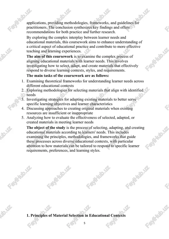 f material selection in educational contexts the selection of appropriate educational materials represents a critical decision point in the instructional design process. this section examines the theoretical principles that should guide material selection, drawing on established frameworks from educational research and practice. at the most fundamental level, material selection must be guided by alignment with curriculum goals and learning objectives. as tyler's (1949) influential model of curriculum development emphasizes, educational materials should serve as vehicles for achieving specific learning outcomes. this principle of alignment ensures that materials contribute meaningfully to the overall educational vision rather than existing as isolated resources., "materials should allow for a focus on the goals of the curriculum and provide support for teachers in their teaching and learners in their learning."[footnoteref:1] [1: alderson, j. c. (2005). diagnosing foreign language proficiency: the interface between learning and assessment. london: continuum. ] a second guiding principle involves the concept …