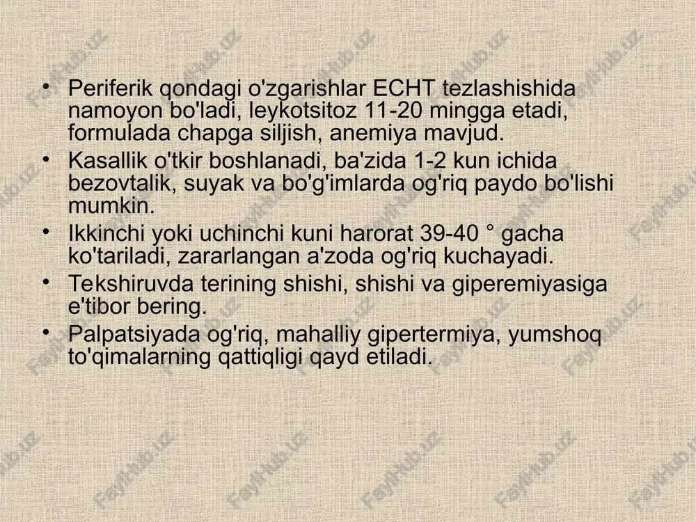 ati; intra- va extra suyak yallig’lanishlarni to'g'ri baholash; aralash rejimida sezgirroq mr signali; shubhali xo'ppoz va oqma yo'llari uchun kontrastli roentgen tashxisoti qo’llaniladi. o’tkir osteomiyelit o'ng tizza bo'g'imining rentgenogrammasi - strukturadagi yallig'lanish maydoni son suyagi epifizi. tizza bo'g'imlarini radioizotop skanerlash xuddi shu bemor. osteomiyelitning erta namoyon bo'lishida subkortikal shish o'tkir osteomiyelit, suyakichi shish va yumshoq to'qimalarning shishi o'tkir osteomielit bilan surunkali holatga o'tish. o'tkir spondilodistit o'tkir spondilodistit o'tkir spondilodistit surunkali osteomielit /s.o./: suyaklar destruksiyasi va sklerotik jarayonning aralash kechishi; suyakning qalinlashishi - giperostoz; suyak iligi kanalini destruksiyasi; sekvestr hosil bo’lishi; fistula yo'llari; jarayonning faollashishi suyak to'qimalarining lizisining yangi joylarining shakllanishi va periostal reaktsiyasi bilan birga keladi. jarayon faollashtirilganda fistula yo'llarining joylashuvi o'zgaradi. s.o.ning individual shakllari. garre osteomiyelit /sklerolangan o.g/: jarayon sust va destruksiya yoki sekvestrlash bilan birga kelmaydi. rentgen: suyakning bir yoki ikkita bo'limida suyakning qalinlashishi / giperostozi / ko'pincha metafiz va / yoki metadiafizga tarqalgan . suyak usti pardasi …