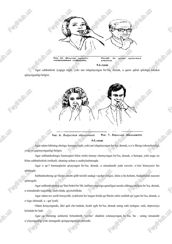 ‘lim - proksemika tomonidan o‘rganiladi. bu yo‘nalishning asoschisi amerikalik e.xoll bo‘lib, uning o‘zi proksemikani “fazoviy psixologiya” deb atagan. masalan, u amerikaliklarga xos bo‘lgan suhbatdoshning sherigiga nisbatan fazoviy joylashuvi xususiyatlarini aniqlab, muloqotning turli sharoiti va shakliga qarab, fazoviy yaqinlashuvning o‘rtacha qiymatini aniqlagan: · intim (yaqin) masofa - 0 - 45 sm; · personal (shaxsiy) masofa - 45-120 sm; · ijtimoiy masofa - 120-400 sm; · ommaviy masofa - 400-750 sm. har bir masofa o‘ziga xos muloqot vaziyatlariga mos. vaqt va fazo bilan bog‘liq aloqalarning o‘ziga xos majmui xronotoplar deb ataladi. amaliyotda “kasalxona palatasi xronotopi”, “vagon yo‘lovchilari xronotopi” va boshqalar aniqlangan. muloqotda suhbatdoshlarning ko‘z qarashlari - vizual kontaktlari ham katta ahamiyatga ega. vizual kontakt - bu qarashlar soni, ularning uzoqligi, qarashlardagi statika va dinamik almashinuvlar, ko‘z olib qochishlar va boshqalardir. argayl shulardan kelib chiqib, “yaqinlik (intimlik) formulasi”ni ishlab chiqqan va bunda intimlilik darajasi suhbatdoshlarning o‘rtasidagi masofaga va ko‘z qarashlarga bog‘liqligini isbotlagan. chunki …