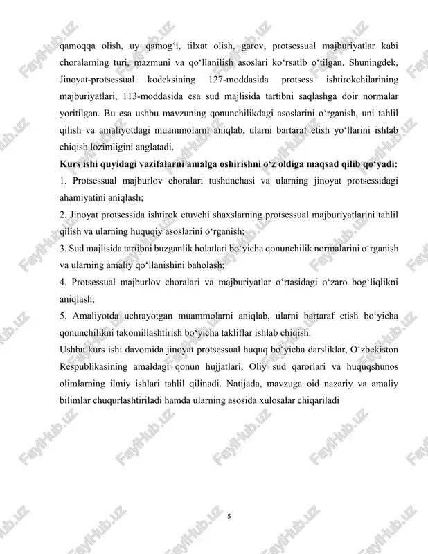 inlashda alohida o‘ringa ega bo‘lib, jinoyat ishini tergov qilish, sudda ko‘rib chiqish va uni hal qilish jarayonida ishtirok etuvchi shaxslarning protsessual xatti-harakatlarini tartibga soladi. jinoyat protsessual kodeksida belgilangan majburlov choralari jinoyat ishini to‘g‘ri yuritish, gumon qilinuvchi yoki ayblanuvchini tergov yoki suddan yashrinib qolishidan saqlash, dalillarni yo‘q qilishning oldini olish kabi vazifalarni bajaradi. [1: “jinoyat protsessual huquqi” darslik 2021-y ] protsessual majburlov choralari jinoyat protsessining majburiy vositasi bo‘lib, ularning qo‘llanilishi muayyan shaxsning erkinligi yoki boshqa konstitutsiyaviy huquqlariga cheklov qo‘yish orqali amalga oshiriladi. shu bois, bu choralar faqat qonunda belgilangan asoslar mavjud bo‘lgan taqdirda va sud yoki tergov organi tomonidan qonuniy tartibda qo‘llanishi shart. o‘zbekiston respublikasi jinoyat-protsessual kodeksining 242-moddasiga muvofiq, protsessual majburlov choralari quyidagilardan iborat: gumon qilinuvchini ushlab turish, ehtiyot chorasi sifatida hibsga olish, tilxat olish, garov qo‘yish, harbiy qism qo‘mondonligining nazoratiga topshirish, tibbiy muassasaga joylashtirish va boshqalar. protsessual majburlov choralari faqatgina jinoyat sodir etganlikda gumon qilinayotgan shaxslarga nisbatan emas, balki jinoyat …