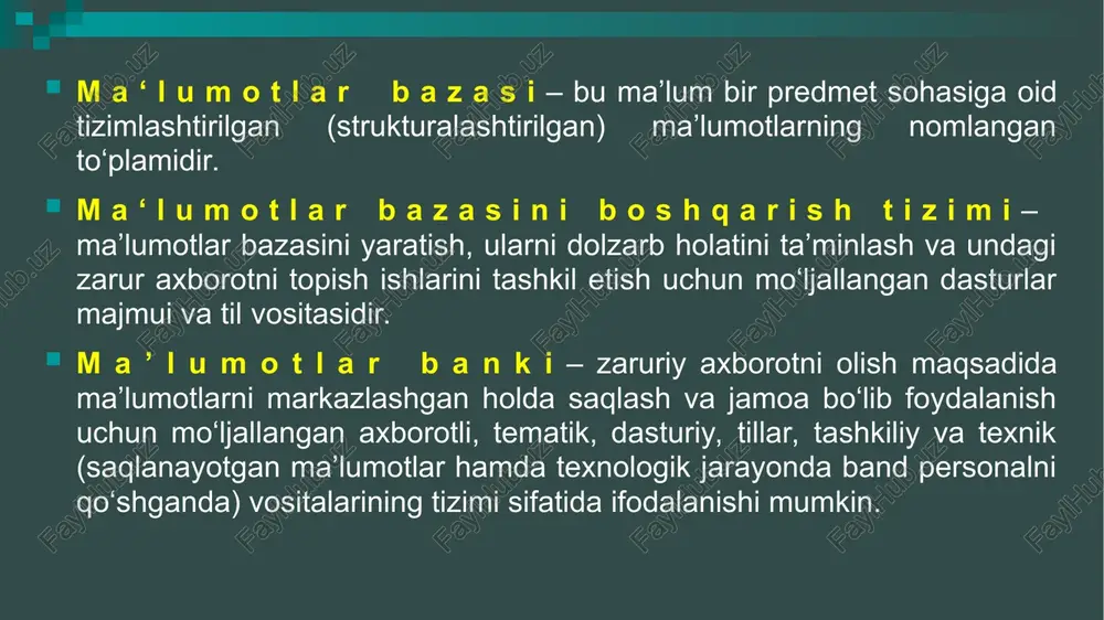 ega. unda ma'lumotlar adresi satr va ustunlar kesishmasi bilan aniqlanadi. mbda ustunlar — maydonlar, satrlar esa yozuvlar deb ataladi. maydonlar mbning tuzilmasini, yozuvlar esa, unda joylashgan ma'lumotlarni tashkil etadi. maydonlar — mb tuzilmasining asosiy elementlaridir. ular ma'lum xususiyatlarga ega bo'ladilar. har qanday maydonning asosiy xususiyati uning uzunligidir. maydon uzunligi undagi belgilar soni bilan ifodalanadi. maydonning yana bir xususiyati, uning nomidir. maydonda uning nomidan tashqari yana imzo xususiyati ham mavjud. imzo — ustunning sarlavhasida aks ettiriladigan axborotdir. uni maydon nomi bilan aralashtirib yubormaslik lozim. agar imzo berilmagan bo'lsa sarlavhada maydon nomi yozib qo'yiladi. turli tipdagi maydonlar turli maqsadlarda ishlatiladi va turli xossalarga ega bo'ladi. maydonlarning xususiyatlari oddiy matn maydoni. belgilar soni 255 dan oshmasligi kerak. memo — katta o'lchamli matn maydoni. belgilar soni 65535 dan oshmasligi shart. oddiy matn va memo maydonida hisob ishlarini bajarib bo'lmaydi. sonli maydon. sonli ma'lumotlarni kiritishga xizmat qiladi va hisob ishlarini bajarishda foydalaniladi. bu maydon 1,2,4,8 …