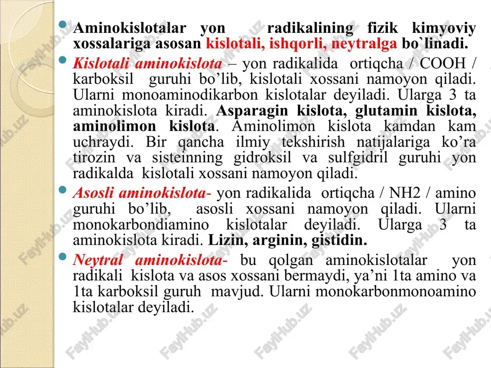 lar; 3.nopolyar (gidrofob) r-guruhlar o’rtasidagi gidrofob bog’lar 4. ikki molekula sistein radikallari o’rtasidagi disulfid bog’lar. oqsillarning uchlamchi qurilishining xususiyatlari: ular oson denaturatsiyaga uchraydi, chunki oqsillar fazoda joylanishida qutibsiz radikalli guruhlar suvdan qochib oqsilning uchlamchi qurilishining ichki qismini tashkil qiladi. u yerda polipeptid zanjirining gidrofob qismi joylashadi. shunday qilib oqsil markazida suv molekulalari bo’lmaydi. qutibli, gidrofilli guruhlar gidrofob yadrosining tashqarisida joylashgan, suv molekulalari bilan o’ralgan bo’ladi. oqsilning denaturatsiyasida bog’lar uziladi va polipeptid zanjirlari yoyiladi. oqsillarning denaturatsiyasi va renaturatsiyasi. tashqi faktorlar (temreraturaning, muhitning tuz tarkibining, rn qiymatining o'zgarishi, radiatsiya) ta'siri oqsil molekulasining strukturaviy tashkil etilganligining buzilishiga olib keladi (2-rasm). 2-rasm. oqsilning denaturatsiyasi va renaturatsiyasi berilgan oqsil molekulasining uchlamchi konformatsiyasining yo'qotilishi jarayoniga denaturatsiya deyiladi. oqsil molekulasi strukturasini barqarorlashtirib turuvchi bog'larning uzilishi denatruatsiyaning sababidir. * denaturatsiyada dastlab kuchsiz bog'lanishlar uziladi, sharoit qiyinlashgan sari kuchli bog'lar ham uziladi. shuning uchun avval to'rtlamchi, so'ngra uchlamchi va ikkilamchi strukturalar yo'qotiladi. shu bilan birga denaturatsiya natijasida polipeptid zanjirining …