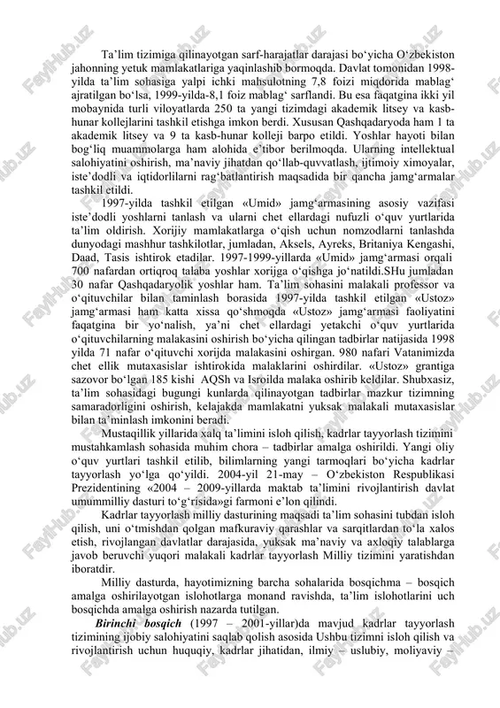 abiturient va talabalarning bilim darajasini test va reyting asosida baholashning ilg‘or usullari joriy etildi. ilg‘or mamlakatlarning tajribalari asosida yangi tipdagi litsey va gimnaziyalar ochildi. o‘zbekistonda gimnaziyadan tortib akademiyagacha bo‘lgan zamonaviy, yangi ta’lim tizimi vujudga keltirildi. 1997-yil ta’lim tizimida katta burilish yuz berdi. oliy majlisning ix sessiyasi «ta’lim to‘g‘risida»gi qonun va u asosida «kadrlar tayyorlash dasturi»ni qabul qildi. bo‘lar mamlakatimiz ravnaqi va kelajagini belgilab beruvchi hujjatlar bo‘lib, milliy tiklanishning ma’naviy asosini tashkil qiladi. «kadrlar tayyorlash milliy dasturi»ga milliy g‘oyaning bir qismi deb qaraladi. chunonchi kadrlar tayyorlash milliy modeliga asos solindi. shaxs davlat va jamiyat, shuningdek fan va ishlab chiqarish o‘rtasida uzviybog‘liklik bo‘lishiga imkon tug‘ildi. bu hujjatlar asosida o‘zbekistonda 9 yillik umum ta’limdan so‘ng, 3 yillik akademik litsey yoki kasb-hunar kollejlarida ixtiyoriy-majburiy ta’lim joriy etildi. ta’lim islohotlari bosqichma-bosqich amalga oshirildi: 1 bosqich - 1997-2000 yillarni ichiga olib, unda ta’limning huquqiy- me’yoriy, ilmiy-metodik, moddiy shart-sharoitlari yaratilmoqda. hozirgi kunga kelib o‘zluksiz ta’limning tamomila yangi …