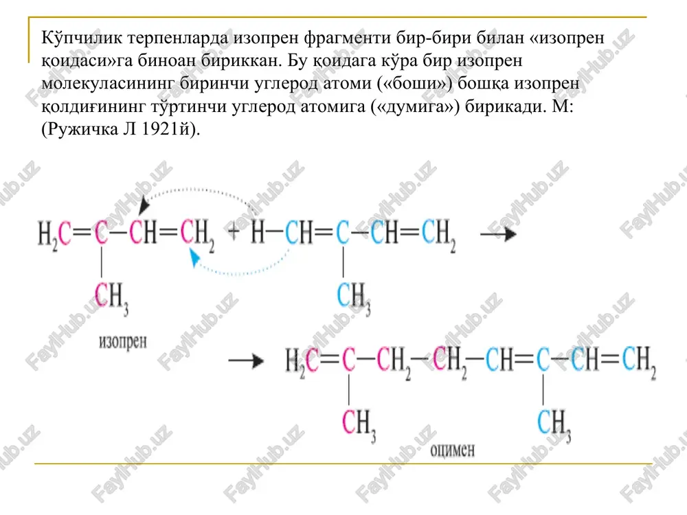 klar tarkibida bo'ladi. karatinoidlar molekulasida 8 ta izopren qoldig'i bo'lib 2 ta vitamin-a molekulasida tashkil topgan. karatinoidlarning α-, β- va γ- izomerlari mavjud. bulardan β-izomeri ahamiyatga egadir. β- karotin sabzi va sariyog'da ko'p bo'ladi. u organizmda fermentlar karatinaza ta'sirida parchalanib 2 ta molekula vitamin-a ni hosil qiladi. karatinlar a - vitamin hosil bo'ladi. shuning uchun a provitaminlar deb ataladi. hayvon va o'simlik organizmida uchraydigan iklopentanopergidrofenantren (steran) sistemasi tutgan birikmalar steroidlar deyiladi: steroidlarga: sterinlar, o't kislotalari, steroid gormonlari, yurak glikozidi aglikonlari, steroid saponinlar aglikonlari. steroidlar sterinlar- steroid spirtlari bo'lib,strukturasi asosida xolestan uglevodorod yadrosi bo'ladi : xolestan sterinlar (sterollar) xolesterin (xolesterol, xolesten-5-ol-3) 1975 y. o't toshlaridan olingan. xolesterin almashinuvi buzilgan vaqtda qon tomir devorlariga yig'ilib aterosklerozga olib keladi. 7-degidroxolesterin vitamin d3 (xolekaltsiferol) vitamin. d organizmda kaltsiy va fosfor almashinuvini boshqaradi. vitamin d etishmasa raxit kassaligiga olib keladi. o't kislotalari o't kislotalari odam va xayvon o'tida uchraydi. u xolestirindan ishlab chiqariladi. kimyoviy tuzilishi …