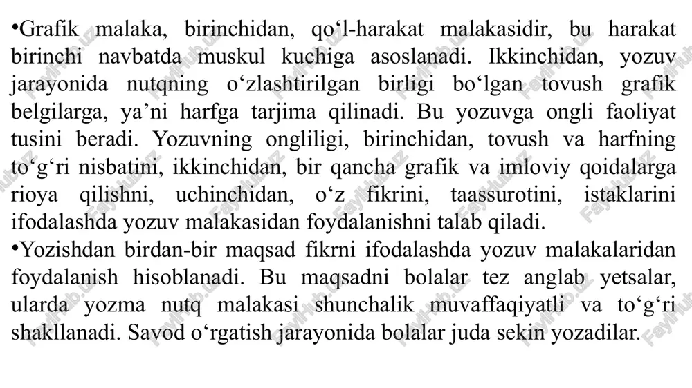 irilishi, ayrim predmet nomlarini ifodalovchi so‘z chizmasi katakchalarga ajratib berilishi, gap nusxalarining keltirilishi maqsadga muvofiqdir. ba’zi o‘rinlarda o‘quvchilar berilgan gap yoki so‘z chizmasini o‘zlari mustaqil tasvirlaydilar. predmet rasmi berilgan o‘rinlarda shu predmet nomi so‘z bo‘g‘in-tovush jihatdan tahlil qilinadi, so‘zdagi tovushlar soni suhbat yo‘li bilan aniqlanadi va katakchalarda ranglar bilan belgilanadi. mazmunli rasm asosida gap chizmasiga mos gap tuziladi, keyin o‘sha gapning tahlili ustida ish olib boriladi. harflarning yozma shakli ularning bosma shakli bilan taqqoslash orqali tanishtiriladi. yozuv daftarida turli belgilar qo‘llangan. ular shu belgi uchragan o‘rinlarda tanishtirib boriladi. yozuvga o‘rgatishda o‘quvchilarning ko‘ruv, eshituv, qo‘l harakati sezgilarini ishga solish lozim. shunda yozuv quruq yozuv bo‘lmay, ongli yozuvga aylanadi. yozuvga o‘rgatishda orfografik elementlar. orfografiya yunoncha so‘z bo‘lib, “to‘g‘ri yozuv” degan ma’noni bildiradi. orfografiya (imlo) adabiy tilning yozma shakli bilan bog‘liq bo‘lib, to‘g‘ri yozish haqidagi qoidalar yig‘indisidir. orfografiyani bilmay turib, fikrni adabiy til me’yorlari asosida yozma ifodalab bo‘lmaydi. o‘quvchilarning imloviy savodxonligi haqida g‘amxo‘rlik …