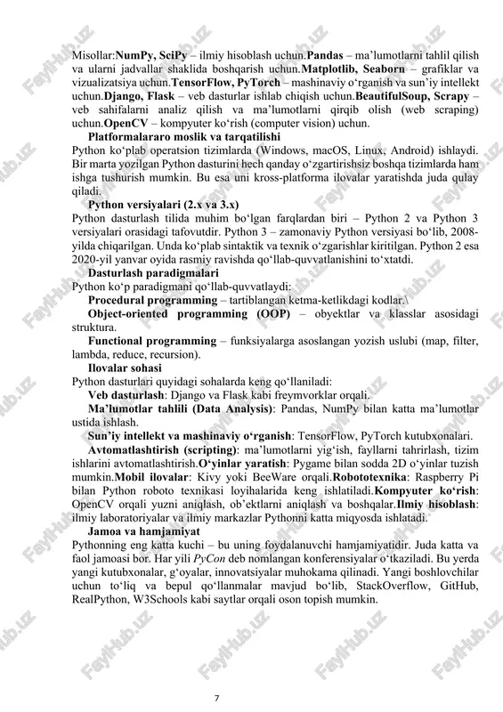 ash va boshqalar.ilmiy hisoblash: ilmiy laboratoriyalar va ilmiy markazlar pythonni katta miqyosda ishlatadi. jamoa va hamjamiyat pythonning eng katta kuchi – bu uning foydalanuvchi hamjamiyatidir. juda katta va faol jamoasi bor. har yili pycon deb nomlangan konferensiyalar o‘tkaziladi. bu yerda yangi kutubxonalar, g‘oyalar, innovatsiyalar muhokama qilinadi. yangi boshlovchilar uchun to‘liq va bepul qo‘llanmalar mavjud bo‘lib, stackoverflow, github, realpython, w3schools kabi saytlar orqali oson topish mumkin. 1.2. ishlatilgan kutubxonalar imkoniyatlari 1. tkinter tkinter pythonning standart grafik foydalanuvchi interfeysi (gui) kutubxonasi. u oddiy dasturlardan tortib murakkab ilovalargacha foydalanuvchi bilan muloqot qilish uchun oynalar, tugmalar, matn maydonlari va boshqa elementlarni yaratishga imkon beradi. agar siz foydalanuvchidan ma'lumot kiritishini (masalan, ism yoki parol), natijalarni ko‘rsatishni yoki oddiy kalkulyator kabi ilovani yaratmoqchi bo‘lsangiz, tkinter ishlatiladi. imkoniyatlari: oynalar ochish va ularning hajmini, nomini sozlash.tugmalar, matn maydonlari, ro‘yxatlar, menyular qo‘shish.foydalanuvchi harakatlariga (masalan, tugmani bosish) javob berish. kichik desktop ilovalar (masalan, fayl boshqaruvchisi yoki shaxsiy ma'lumotlar bazasi interfeysi) …
