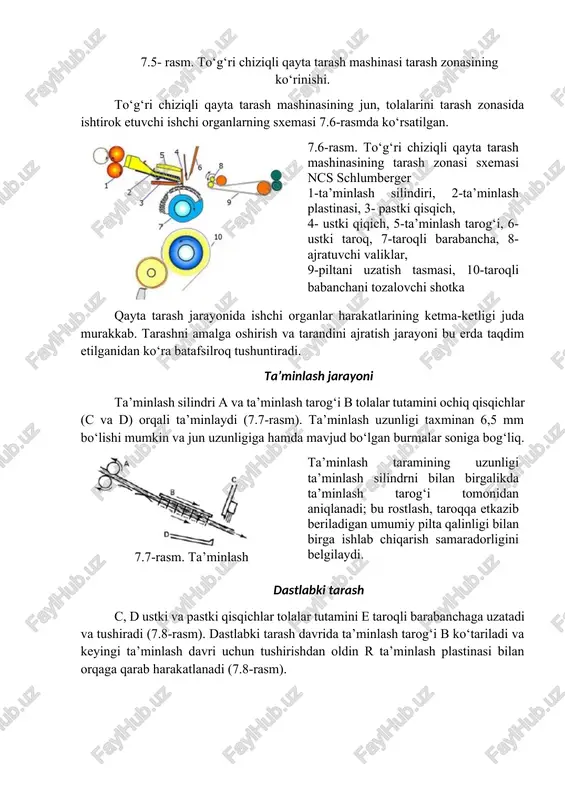 mustahkamligini oshirishning keng tarqalgan usuli bu taroqlangan pilta chiqishiga siqish yoki zichlash varonkasi o‘rnatishdir. zichlagichlar oddiygina ikkita burchakli plastinka bo‘lib, unga pilta bir juft yuklash valiklari bilan bosiladi. 7.15-rasm. zichlagichi va pilta taxlash sxemasi plastinkalar orasidagi bo‘shliq pilta bilan to‘ldirilganda, yuklash valiklari bilan ta'minlangan pilta yuqori bosim ostida chapga va o‘ngga gofrirovka qilingan holatga egiladi. sifatli zichlagichlar pilta hosil qilganda tolalar orasidagi aralashishni kuchaytiradi va shu bilan tutamlarning birlashishini oshiradi. j- ko‘rinisiga ega bo‘lgan tipik trubka zichlagichi gofrirovka qilingan piltani pilta taxlagichka o‘tkazishi 7.15-rasmda ko‘rsatilgan. piltaning mustahkamligi zichlash orqali oshirilgan bo‘lsa-da, qayta taralgan pilta hali ham ekvivalent piltalash piltasiga qaraganda sezilarli darajada zaifdir. shuning uchun, zichlashdan keyingi (yakuniyda) piltalash zaruratini bartaraf etmaydi. yakuniy piltalash va qadoqlash qayta tarashdan keyin yakuniy igna zonali piltalash (yoki yuqori ishlov berish) avvalgi mavzuda tasvirlangan piltalashning dastlabki tayyorgarlik jarayoniga o‘xshaydi. yakuniy igna zonali piltalashning maqsadlari: 1. bir tekis cho‘zish va ilashuvchanligini yaxshilash uchun turli uzunlikdagi …