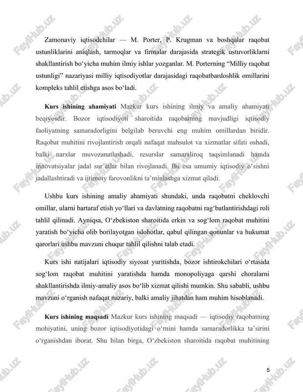 chida mavjud bo'lgan raqobat darajasi firma / sotuvchi tomonidan ham turli omillarga bog'liq; firmalar soni, kirishdagi to'siqlar, ma'lumotlarning mavjudligi, resurslarning mavjudligi. bozor ichidagi xaridorlarning soni, shuningdek har bir xaridorning to'lashga tayyorligi bilan raqobatni keltirib chiqaradi va bozordagi mahsulotga bo'lgan umumiy talabga ta'sir qiladi. mukammal raqobat mukammal raqobat: ko'plab xaridorlar va sotuvchilar mavjud bo'lgan va bitta xaridor yoki sotuvchi narxga ta'sir qilmaydigan bozor holati. narxlar bozordagi talab va taklifdan kelib chiqqan holda belgilanadi.📌 iqtisodiy raqobatning mohiyati mukammal raqobat mavjud bo’lish shartlari · mukammal yoki sof raqobat uchun beshta shart bajarilishi kerak: · katta bozor: mahsulot uchun ko'plab xaridorlar va sotuvchilar mavjud bo'lishi kerak. · shunga o'xshash mahsulot: sotilayotgan tovar yoki xizmat deyarli bir xil bo'lishi kerak · oson kirish va chiqish: bozordagi sotuvchilar raqobat yoki bozorga kirishga to'sqinlik qila olmaydi. · osonlik bilan olish mumkin bo'lgan ma'lumotlar: narxlar haqida ma'lumot osongina olinishi kerak. · mustaqillik: sotuvchi yoki xaridorlar birgalikda narxni boshqarish …