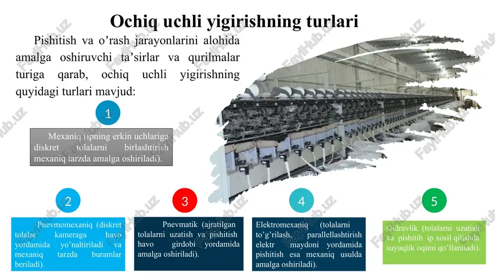 uchirilsa, u darhol markazdan qochma kuch ta’sirida kamera sirtining eng keng diametrli joyi – novga boradi va halqasimon pil- tacha bilan tutashadi. yigirish kamerasining o’z o’qi atrofida katta tezlik bilan ayla-nishi tufayli ipning uchiga tolalar birin-ketin chirmashib ilasha boshlaydi va halqa- simon piltacha shu joyidan uzilib, pishitish jarayoni - ip shakllanishi boshlanadi. yigirish kamerasida pishitilayotgan ip ikkita uchastkada egilib o’tadi. yigirish kamerasida pishitilayotgan ip ikkita uchastkada egilib o‘tadi. ipning elastikligi tufayli uning pishitilishi egri «e» uchastkadan o‘tib ballon qismi 5 bo‘y- lab tarqalib ajraluvchi «a» punktiga etib boradi. bu punktda buralgan va pishitilgan mahsulotip yigirish kamerasi sirtidan ajratib olinadi. kameraning o‘z o‘qi atrofida har bir aylanishi ipga bitta buram beradi. shunday qilib, yigirish kamerasida ikkita texnologik jarayon - siklik qo‘shish va pishitish ketma-ket amalga oshadi. 1 – diskret tolalar oqimi; 2 – konfuzor; 3 – tolali tutamcha; 4-ip; 5-ballon; 6 –tortuvchi vallar; 7 – o’rovchi val; 8 - bobina ipning …