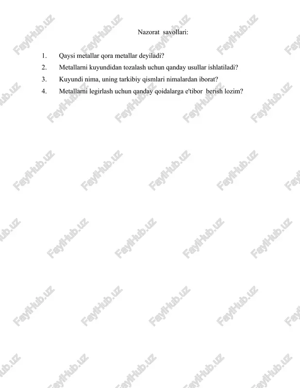 roratda ishlov berish natijasida 3 - 3,5% gacha metall massasi oksid xosil bo‘lishi xisobiga yo‘qotiladi; 2. payvandlash shlaklari xosil bo‘lishi xisobiga issiqqa chidamli buyumlar va qizdirish pechlarining bu zilishi; 3. shtamplash, tikish va shunga o‘xshash dastgoxlarning kuyundi xosil bo‘lishi xisobiga tez ishdan chiqishi; 4. metallarning yuzasida xosil bo‘lgan kuyundini yuqori bosim ostida qayta ishlash natijasida metallarning qushimcha yo‘qotilishi; 5. qizd iriladigan buyumlar o‘lchamlarining kuyundi xosil bo‘lishi xisobiga kamayishi kabi xolatlarni keltirib chiqaradiki, bu o‘z navbatida temir, po‘lat va cho‘yanlarni qizdirish paytida ularni oksidlanishiga qarshi kurashish choralarini izlab topishga sabab bo‘ ladi. temirning kislorod bilan xosil qilgan 3 xil oksidlarining kristall panjaralari quyidagi 1 - rasmda keltirilgan. yu qori xarorat ta'sirida temir kislorod bilan uch xil oksid xosil qiladi: feo - vyustit, fe 3 o 4 - magnetit va fe 2 o 3 - gematit. vyustit 575 0 c dan yuqori xaroratlardagina barqaror bo‘lib, undan past xaroratlarda xosil bo‘lmaydi. agar xosil …