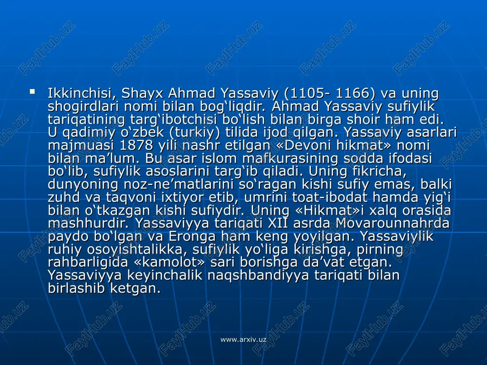 nilgan adabiyotlar: o’zbekiston respublikasi konstitutsiyasi. t.: 2001 yil. karimov i.a “ o’zbekiston xxi asr bo’sag’asida: xavfsizlikka taxdid, barqarorlik shartlari va taraqqiyot kafolatlari” t., “uzbekiston” 1997 yil. azizov a. islom va xozirgi zamon. t., 1992 yil. karimov i.a. o’zbekistonning uz istiqlol va taraqqiyot yo’li. t., “o’zbekiston” , 1992 yil. karimov i.a ollox kalbimizda, yuragimizda. t., “ o’zbekiston ” 1999 yil. karimov i.a. e’tiqod erkinligi qonuniy asosda bo’lsin. “xalq so’zi”. 1998 yil 5 may imom ismoil al-buxoriy. “al-adab al - mufraz” t., 1990 yil. ismoil maxmud. toshkentdagi usmon musxafining tarixi. t., movarounnaxr. 1995 yil. muxammad sodik., muxammad yusuf. tasavvuf xaqida tasavvur. t., 2004 yil. www.arxiv.uz www.arxiv.uz