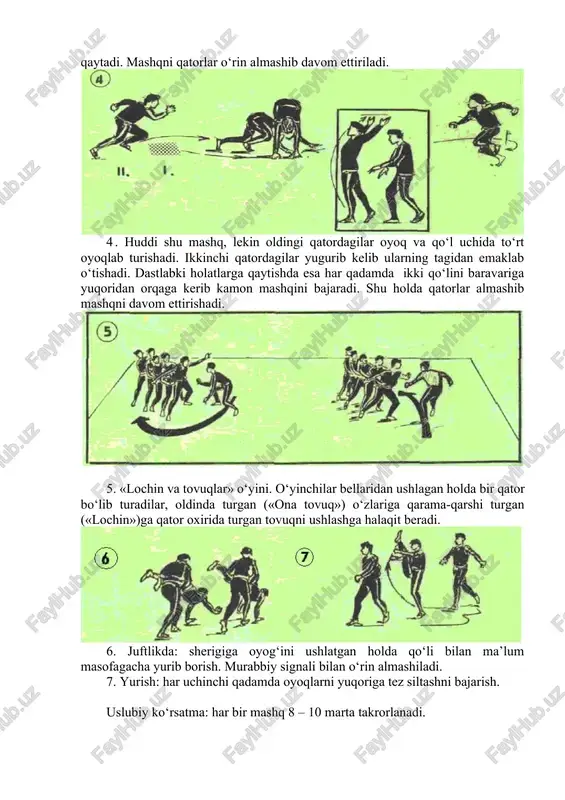 niladi. ushbu maqsad uchun belgilangan tarbiyaviy jixatdan ko’proq tez-tez samara beradigan yangi shakldagi, ijodiy qayta ishlangan o’yinlarni yangi shakliga ega bo’ladi. bolalarni katta sportga bo’lgan katta qiziqishi bilan bog’liq juda ko’p o’yinlar sport o’yinlari va boshqa sport turlari elementlari bilan yaratilgan. bu kichik va o’rta yoshdagi o’quvchilari qulidan keladigan ular uchun turli-tuman sport turlariga ishtirok qiladigan shaklda ishtirok etishga ruxsat beradi: basketbolda (“to’p uchun kurash”, “to’p kapitanga”, “to’rt tomonga to’p uzatish”), voleybolda (“voleybolchilarni to’p uzatishi”, “to’pni uzatdingmi o’tir”). tarbiyaviy axamiyatga ega bo’lgan milliy harakatli o’yinlarni kengroq ommalatirish zarur. bu esa xar xil millat bolalari o’rtasida do’stlikni, har xil xalqlarni turmush xayoti va madaniyati ularni o’ziga xos xususiyatlari bilan tanishtirishga yordam beradi. o’yin rahbarlarining asosiy vazifalari. rahbar o’yin tashkilotchisi va uni o’tkazish jarayonida bolalarni tarbiyachisi bo’lishi shart: 1) shug’ullanuvchilarning salomatligini mustaxkamlash, ularni to’gri jismoniy rivojlanishiga yordam beradi; 2) xayotni zarur bo’lgan harakat malakalarini egallashga yordam beradi; 3) bolalarda zarur bo’lgan odob-ahloq …
