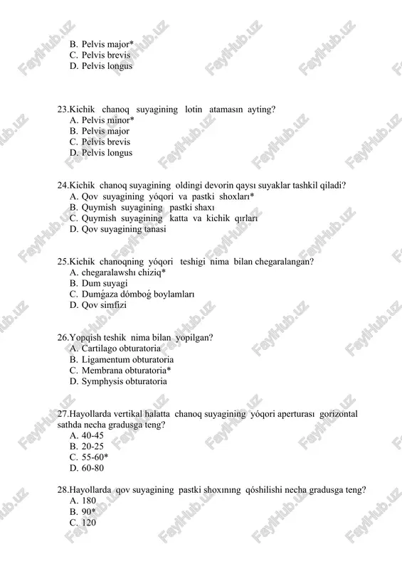 biale* b. lig.popliteum arcuatum c. lig.popliteum obliquum d. ligg.collaterale fibulare 53.qaysı boylam katta boldır suyagining medial dóngligidan boshlanib son suyagining orqa yuzasiga birlashadi? a. ligg.collaterale tibiale b. lig.popliteum obliquum* c. ligg.collaterale fibulare d. lig.popliteum arcuatum 54.qaysı boylam kichik boldir suyagining boshchasinıng orqa yuzasidan boshlanib katta boldir suyagining orqa yuzasiga birlashadi? a. lig.popliteum arcuatum * b. ligg.collaterale fibulare c. lig.popliteum obliquum d. ligg.collaterale tibiale 55.tizza bóǵimi kapsulası oldingi tarafdan qaysı boylam mustaxkamlab turadı? a. lig.poplitea b. lig.quadratum c. lig.patellae* d. lig.tibiale 56.tizza qoqpoǵın uslap turıwshı medial va lateral boylamlar qaysı bulshıq etting payi talalarınan iborat? a. sonnıng tórt baslı mushagi* b. sonnıng ikki baslı mushagi c. sonnıng úsh baslımushagi d. sonnıng tórt qırlı mushagi 57.tizza bóǵim kapsulasining ishki boslıǵında qanday boylam boladı? a. lig.cruciatum anterius et posterius* b. lig.meniscofemorale anterius et posterius c. ligg.capitis fibulae anterius et posterius d. ligg.tibiofibularia anterius et posterius 58.tizza bóǵimi qanday bóǵimǵa kiradi? a. oddiy kombinirlangan …