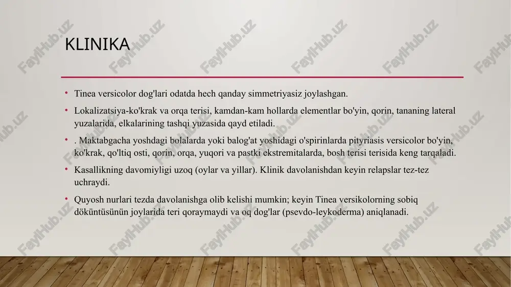 bolalar tez-tez kasal bo'lib qolishadi. 1. bosh terisining yuzaki trichofitiyasi 2. silliq terining yuzaki trichofitiyasi va bu o'tkir jarayonlar, lekin ular ham ajralib turadi: 3. surunkali yuzaki trichofitiya turlari kuluçka taxminan bir hafta davom etadi, shundan so'ng terida 1-2 sm kichik yumaloq va aniq fokuslar paydo bo'ladi va, qoida tariqasida, kulrang-pushti ranglarning noaniq chegaralari bo'lgan bitta katta tartibsiz fokus paydo bo'ladi. ular alohida joylashgan, birlashish tendentsiyasi yo'q. o'choqlarning markazida odatda oq rangli kepak po'stlog'i kuzatiladi, sochlar teri darajasidan 2-3 sm balandlikda sinishi mumkin (va keyin kenevir deb ataladi). yuzaki bosh terisi trichofitiyasi o'choqlarning terisi biroz shishgan va giperemik. qolgan sochlarda qo'ziqorin sporalarining kulrang-oq qoplamasi ham bo'lishi mumkin. o'choqning chetida vesikulalar, papulalar, chegara shaklidagi qobiqlar bo'lishi mumkin. soch parchalari odatda o'ziga xos ilgaklarga aylanadi. subyektiv ravishda, o'choqlar odamni bezovta qilmaydi, shikoyatlar kosmetik nuqson va peeling haqida bo'lishi mumkin. ko'rinishlar juda patognomonik, ammo laboratoriyasiz tashxis qo'yish mumkin emas. izolyatsiya qilingan yoki bosh …