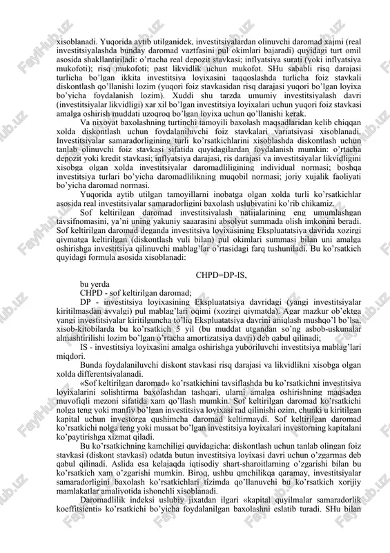 isobga olgan xolda nominal foiz stavkasi. pul mablag’larini real foiz stavkasi bo’yicha ustirish jarayonida pul mablag’larining kelajaqdagi real qiymatini aniqlashda uch xil vaziyatga duch kelish mumkin: a) j q tj. bu vaziyatda pul mablag’larining real qiymatini ustirish yuz bermaydi, chunki ularning usishi inflyatsiya bilan bir xil bo’ladi; b) j > tj. bu vaziyatda pul mablag’larining real qiymati inflyatsiyaga qaramay, usib boradi; v) j < tj. bu vaziyatda pul mablag’larining real qiymati pasayib boradi, ya’ni investitsiyalash jarayoni zarar keltiradi. 3. inflyatsiyani xisobga oluvchi investitsiya daromadi darajasini shakllantirish «inflyatsiya mukofoti» (inflation premium) xajmini aniqlashni nazarda tutadi. bu mukofot xajmi inflyatsiya natijasida investorning real daromad summasini yuqotishining o’rnini bosishga qaratilgan bo’lib, quyidagi formulaga asosan xisoblanadi: p = dp x ti bu yerda ni - inflyatsiya mukofoti miqdori; dp - investitsiyalar bo’yicha real o’rtacha bozor daromadi darajasi. mos ravishda investitsiya bo’yicha umumiy daromad miqdori (dn) quyidagiga teng bo’ladi: d=pe; ni, shuni qayd etish kerakki, …