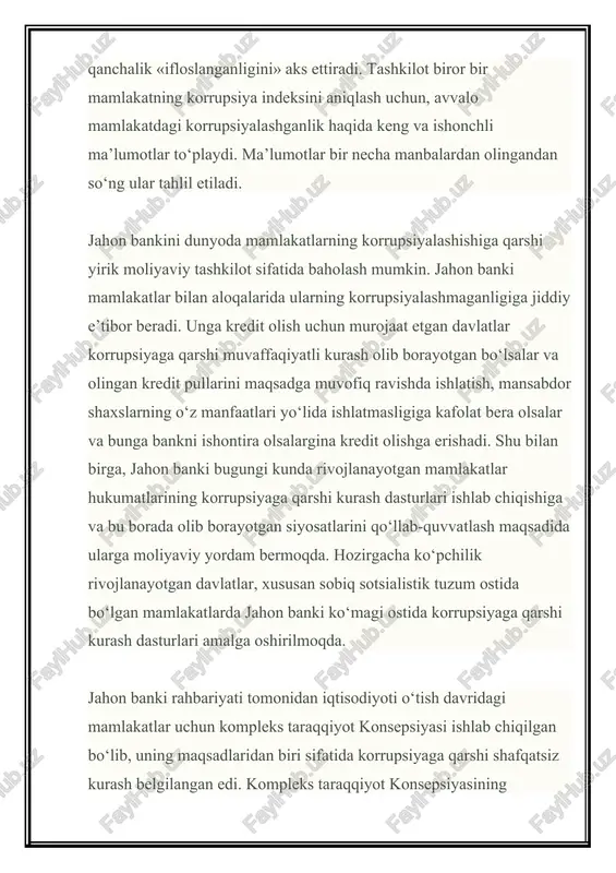 ilikka muvofiq jinoiy jazolanadigan qilmishlardir va ularga nisbatan o‘zbekiston respublikasining yurisdiksiyasi tatbiq etiladi»; 3) konvensiya 44-moddasining 6-bandi bo‘yicha: «o‘zbekiston respublikasi konvensiya 44-moddasi 6-bandining «a» kichik bandiga muvofiq shuni bildiradiki, u ushbu konvensiyadan korrupsiya jinoyatlari sodir etgan shaxslarni tutib topshirish masalalarida ushbu konvensiyaning boshqa ishtirokchi-davlatlari bilan o‘zarolik asosida hamkorlik qilish uchun huquqiy asos sifatida foydalanadi»; 4) konvensiyaning 46-moddasi bo‘yicha: a) 13-band. «o‘zbekiston respublikasi shuni bildiradiki, o‘zbekiston respublikasining bosh prokuraturasi o‘zaro huquqiy yordam ko‘rsatish to‘g‘risidagi iltimoslarni olish va bajarish yoki bunday iltimoslarni bajarish uchun o‘zbekiston respublikasining boshqa vakolatli organlariga yuborishga javobgar bo‘lgan markaziy organdir»; b) 14-band. «o‘zbekiston respublikasi shuni bildiradiki, o‘zaro huquqiy yordam to‘g‘risidagi iltimoslarni yuborishda o‘zbek, rus va ingliz tillari maqbul tillar sifatida belgilangan»; 5) konvensiyaning 66-moddasi bo‘yicha: «o‘zbekiston respublikasi konvensiya 66-moddasining 3-bandiga muvofiq shuni bayon qiladiki, u o‘zini konvensiya 66-moddasi 2-bandining qoidalariga bog‘liq deb hisoblamaydi». shuni ta’kidlash kerakki, bmtning baholashlariga ko‘ra dunyo bo‘yicha berilgan poralarning umumiy hajmi 1 trillion aqsh …