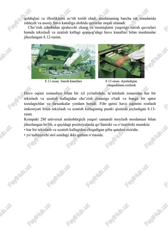 o‘rnatilishi mumkin: • har bir tekislash va uzatish kallagidan chiqadigan pilta qatalmi oxirida; • yo‘naltiruvchi stol ustidagi ikki qatlam o‘rtasida. image1.png image2.png image3.png image4.png image5.png image6.png