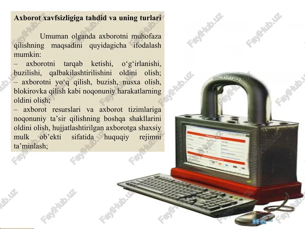 ko‘rsatkich bo‘lib kriptomustaxkamlik hisoblanadi. shifrlash - kriptografik o‘zgartirishni asosiy ko‘rinishidir. bu ochiq axborotni shifrlangan axborotga (shifrmatn) o‘zgartirish yoki shifrlangan axborotni ochiq axborotga teskari o‘zgartirish jarayonlaridir. ochiq axborotni yopiq axborotga o‘zgartirish jarayoni shifrlash, teskarisi esa - qayta shifrlash deb ataladi. shifrlash usullarining va shifrlarning ko‘plab turlari mavjud. zamonaviy shifrlash usullariga quyidagi talablar qo‘yiladi: kriptochidamlilik (kriptotahlil qilishga qarshi turish) shunday bo‘lishi kerakki, shifrni ochish kalitlarini to‘liq tanlab olish masalasini yechish yo‘li bilan amalga oshirilishi kerak; kriptochidamlilik shifrlash algoritmining maxfiyligi bilan emas, balki kalitning maxfiyligi bilan ta’minlanadi. shifrmatn o‘zi xajmi bo‘yicha boshlang‘ich axborotdan ko‘payib ketmasligi kerak; 1-rasm: shifrlash kriptotizimining umumlashtirilgan sxemasi kriptotizimlarning ikkita sinfi farqlanadi: - simmetrik kriptotizim (bir kalitli); - asimmetrik (nosimmetrik) kriptotizim (ikkita kalitli). axborotni teskari o'zgartirish quyidagi ko'rinishga ega: m' = dk2(c) d funktsiyasi e funktsiyaga nisbatan teskari funktsiya bo'lib, shifr matnni rasshifrovka qiladi. bu funktsiya ham k2 kalit urinishidagi qo'shimcha parametrga ega. k1 va k2 kalitlar bir ma'noli moslikka …