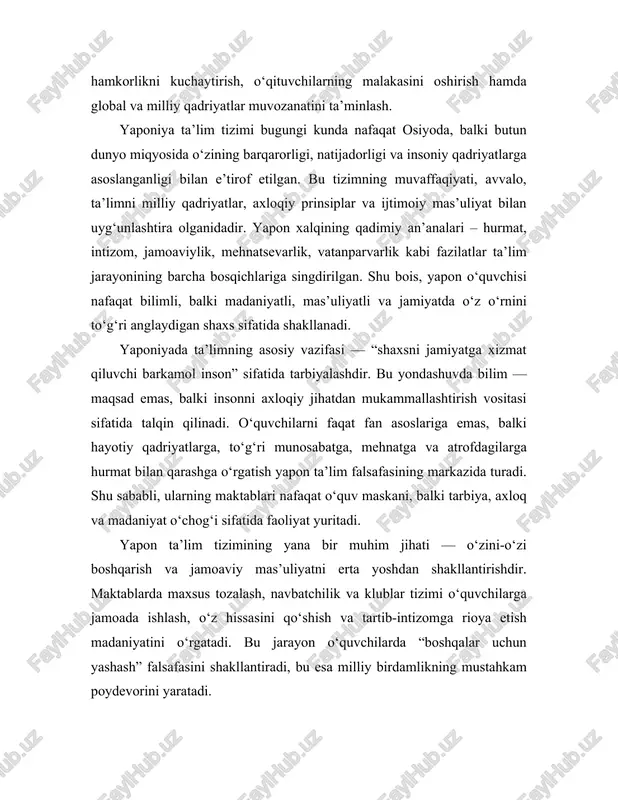 antirishdir. maktablarda maxsus tozalash, navbatchilik va klublar tizimi o‘quvchilarga jamoada ishlash, o‘z hissasini qo‘shish va tartib-intizomga rioya etish madaniyatini o‘rgatadi. bu jarayon o‘quvchilarda “boshqalar uchun yashash” falsafasini shakllantiradi, bu esa milliy birdamlikning mustahkam poydevorini yaratadi. shuningdek, yaponiya o‘zining milliy qadriyatlariga sodiq qolgan holda ta’limni zamonaviy innovatsiyalar bilan uyg‘unlashtira olgan mamlakatdir. raqamli texnologiyalar, sun’iy intellekt, stem-ta’lim yo‘nalishlari keng joriy etilgan bo‘lsa-da, bu jarayon milliy an’analardan uzoqlashmasdan, balki ular bilan uyg‘un tarzda olib boriladi. yapon modelining eng katta yutug‘i ham ana shunda — modernizatsiya jarayonini milliylik ruhida amalga oshirish. o‘zbekiston ta’lim tizimi uchun yaponiya tajribasi nihoyatda ahamiyatlidir. ayniqsa, yoshlarni axloqiy barkamollikka, vatanparvarlikka, mehnatsevarlikka o‘rgatish, shuningdek, dars jarayonini milliy qadriyatlar bilan boyitish masalalarida bu modeldan samarali foydalanish mumkin. o‘zbekistonning “inson kapitali”ni rivojlantirish strategiyasida yaponcha yondashuv – ya’ni bilim va tarbiyaning uyg‘unligi muhim o‘rin tutadi. shunday qilib, yaponiya ta’lim tizimi shuni isbotlaydiki, ta’limning kuchi nafaqat bilimda, balki qadriyatlarga tayanishda, insonni jamiyat bilan uyg‘un holda …