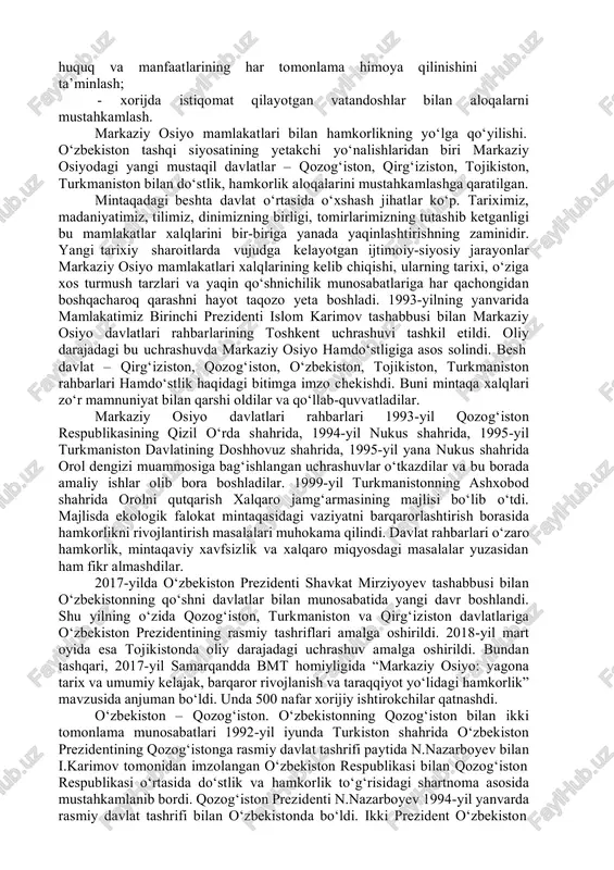k, chegaralarning daxlsizligi, nizolarni tinch yo‘l bilan hal yetish, boshqa davlatlarning ichki ishlariga aralashmaslik va xalqaro huquqning umume’tirof etilgan boshqa qoidalari va normalariga asoslanadi”. o‘zbekiston respublikasining konstitutsiyasi 17- modda. mazkur konsepsiyada markaziy osiyo mintaqasiga alohida e’tibor qaratilgan va “o‘zbekistonning hayotiy muhim manfaatlari shu mintaqa bilan bog‘liq” ekanligi rasman e’tirof etilgan. unda markaziy osiyo o‘zining muhim geosiyosiy joylashuvi va mineral xomashyo resurslarining ulkan zaxiralariga ega ekanligi tufayli jahon miqyosida kuchli e’tibor obektiga, yirik davlatlarning strategik manfaatlari to‘qnashadigan hududga aylanib borayotgani ta’kidlangan. shuningdek, dunyoning yirik davlatlari tomonidan mintaqada olib borilayotgan o‘zaro raqobat inobatga olinib, “markaziy osiyo muammolari tashqi kuchlarning aralashuvisiz, mintaqadagi davlatlarning o‘zlari tomonidan yechilmog‘i zarur”, degan fikr bayon etilgan. konsepsiyada o‘zbekistonning tinchliksevar siyosat yuritishi, harbiy-siyosiy bloklarda ishtirok etmasligi, har qanday davlatlararo tuzilmalar harbiy-siyosiy blokka aylangan taqdirda, ulardan chiqish huquqini o‘zida saqlab qolishi ta’kidlandi. tashqi siyosat tamoyillari. o‘zbekiston respublikasi tashqi siyosatining asosiy tamoyillari quyidagilardan iborat: mafkuraviy qarashlardan qat’i nazar hamkorlik uchun ochiqlik, …