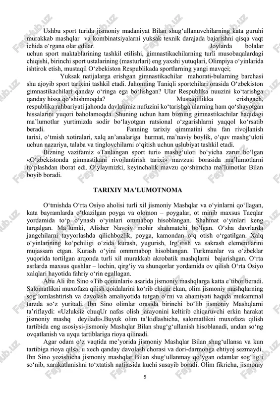 lmiy tankid kilishdi. avstro-vengriya va chexiyada "sokolskoe dvijenie" va gimnastikaning sokol tizimi paydo bo‘ldi. uning asosi xozirgi kunda sport gimnastikasida ko‘llanilmokda va uning - birinchi kismiga ozod mashklar kiritilgan edi; - ikkinchi (asosiy) kismiga snaryadlarda bo‘ladigan mashklar kiritilgan edi; - uchinchi (yakunlovchi) kismiga yurish va yugurish kiritilgan edi. m. to‘rsh zamonaviy sport gimnastikasining muallifi edi. shved va sokol gimnastikasi rossiyada keng tarkaldi va bu gimnastika asosan armiya va armiyagacha bo‘lgan yoshlarning jismoniy tarbiyasida keng ko‘llanildi. p.flesgaft maktab yoshidagi bolalar uchun jismoniy tarbiyaning tizimini ishlab chikdi. u uch pogonaga bo‘linardi: 1. to‘gri harakatga o‘rgatish; 2. harakatlardan imkoniyat kadar samarali foydalanishni o‘rgatish; 3. o‘z imkoniyatini vakt va atrof muhitda to‘gri o‘lchab bilishni o‘rgatish. j. demeni bor gimnastika tizimlarini o‘rganib chikib, mashklar statik emas, aksincha dinamik bo‘lishi va to‘lik amplituda bilan bajarilishi kerak degan xulosaga keldi. j.demeni taklif etgan mashklar inson fiziologiyasi talablariga mos edi va gimnastikani ancha boyitdi. u jismoniy tarbiya masalalari …