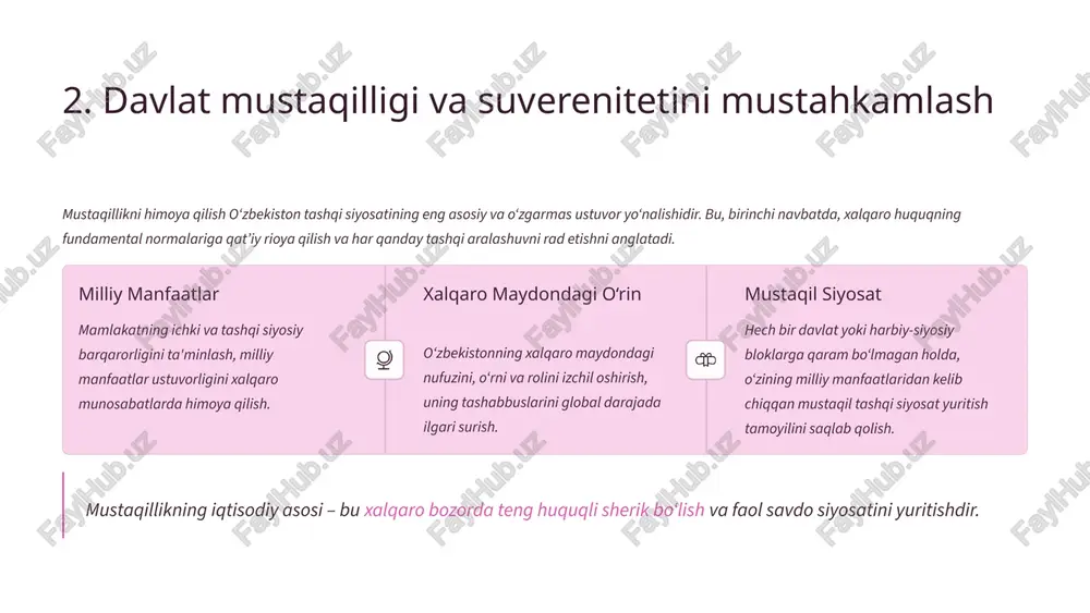 g muhim yo‘nalishlaridan biridir. mustaqillik yillarida mamlakat o‘z tashqi siyosatini “avvalo, qo‘shnilar bilan tinchlik, do‘stlik va hamkorlik” tamoyiliga asoslab qurdi. chunki mintaqada barqarorlik, tinchlik va taraqqiyot aynan yaxshi qo‘shnichilik aloqalariga tayanadi. o‘zbekiston markaziy osiyoda joylashgan davlat sifatida qozog‘iston, qirg‘iziston, tojikiston, turkmaniston va afg‘oniston bilan do‘stona, ishonchli va o‘zaro manfaatli munosabatlarni rivojlantirishga alohida e’tibor beradi. mintaqaviy muammolarni birgalikda hal etish, iqtisodiy, transport, suv va energetika sohalarida o‘zaro hamkorlikni kuchaytirish bu siyosatning asosiy yo‘nalishlaridan hisoblanadi. yaxshi qo‘shnichilik siyosati nafaqat iqtisodiy manfaatlarni, balki xalqaro ishonch va barqarorlikni ham mustahkamlaydi. o‘zbekiston tashabbusi bilan markaziy osiyoda davlat rahbarlarining doimiy uchrashuvlari yo‘lga qo‘yildi, bu esa mintaqaviy birdamlikni kuchaytirdi. shuningdek, chegaralarning aniq belgilanishi, savdo aloqalarining kengayishi, madaniy almashinuvlarning faollashuvi mintaqada tinchlik va totuvlikni yanada mustahkamladi. tashqi iqtisodiy manfaatlarni faollashtirish va investitsiyalarni jalb qilish iqtisodiy diplomatiya o‘zbekiston tashqi siyosatining hozirgi bosqichdagi eng muhim ustuvor yo‘nalishlaridan biri hisoblanadi. maqsad – mamlakatning iqtisodiy salohiyatini to‘liq ro‘yobga chiqarish. eksportni kengaytirish mahalliy …