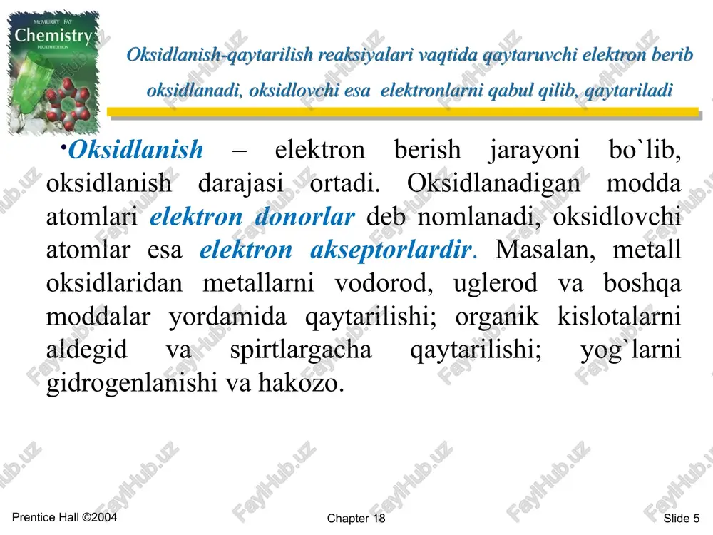 hamda ayrim aktiv metallar ularning birikmalaridan ajratib olinadi. misol, 2nacl(suyuq) ® 2na(katod) + cl2(anod) 2. elektrolizdan foydalanib, gazlar, ayrim kislotalar va boshqa moddalarni ajratib olish mumkin. masalan, 2h20== 2h2(katod) + 02 (anod) 3. metallarni ustki qismini boshqa metallar bilan qoplashda elektrolizdan foydalaniladi. 4. elektroliz sanoatda nihoyatda katta ahmiyatga ega. usiz hozirgi kimyo sanoatining juda ko‘p sohalarini tasavvur qilib bo‘lmaydi. elektroliz sanoatning turli sohalarida keng qoʻllanadi. kimyo sanoatida xlor va ishqorlar olishda, xlorat, perxlorat, persulfat kislota, kaliy permanganat, sof holdagi vodorod, ftor va boshqalar qimmatli mahsulotlar hosil qilishda, rangli metallurgiyada metallarni rafinatsiyalasht e.dan foydalaniladi. turli metallarning birikmalarini qizdirib suyuqlantirib, elektroliz yordamida oʻsha metallar ajratib olinadi. mashinasozlik, radiotexnika, elektronika, poligrafiya sanoatlarida turli buyumlar sirtini metallar bilan qoplashda va boshqalarda elektroliz qoʻllanadi. chapter 18 slide 23 prentice hall ©2004 faradeyning birinchi qonuni faradeyning birinchi qonuni. elektroliz jarayonida elektrodlarda ajralib chiqadigan modda miqdori elektrolitdan o‘tgan elektr miqdoriga to‘gri proportsionaldir: bu yerda; m- modda miqdori, …