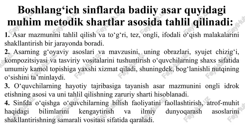 joziba bag‘ishlaydi. masalan: «kabutar ne deydur?» kabi. mazkur asarda ikkinchi shaxs qo‘shimchasi o‘rnida hurmat ma’nosidagi uchinchi shaxs qo‘shimchasi qo‘llangan: «xatda: oliy hazrat, qovun ayni pishdi. kelib qo‘l urib bersalar». shu o‘rindagi «qo‘l urib bersalar» birikmasi ibora hisoblanadi. iboralar doim ko‘chma ma’no ifodalab, nutqning ta’sirchanligini oshiradi. matndan iboralar aniqlangach, ma’nosini izohlashdan tashqari, ularga ma’nodosh yoki qaramaqarshi ma’noli iboralarni topshirish ham yaxshi samara beradi. topishmoqlarda ham jonlantirish va o‘xshatishlar juda ko‘p. masalan, «ayoz bobo novvot sotdi, olgan edim, qo‘lim qotdi» topishmog‘ida o‘xshatish, «chiq-chiq» ishlab tolmaydi, tunda uxlab qolmaydi» topishmog‘ida jonlantirish qo‘llangan. «chumoli va tipratikan», «o‘jar toshbaqa» masallarida ham badiiy til vositalari mavjud. xususan, ularda «o‘g‘irlik mol aylar jonsarak», «bola ko‘nglin ko‘tarar», «kosang joningga huzur», «senga qalqon usti-bosh», «parcha go‘sht bo‘lib yurar», «jish toshbaqa» kabi ibora, birikma va gaplar uchraydiki, ular ustida ishlashda “bunday majorolar qachon va kimlar orasida bo‘lib o‘tishi mumkin?”, “ularga hayotdan misollar keltiring” kabi topshiriqlar berish, ulardagi ma’noni boshqacha yo‘sinda …