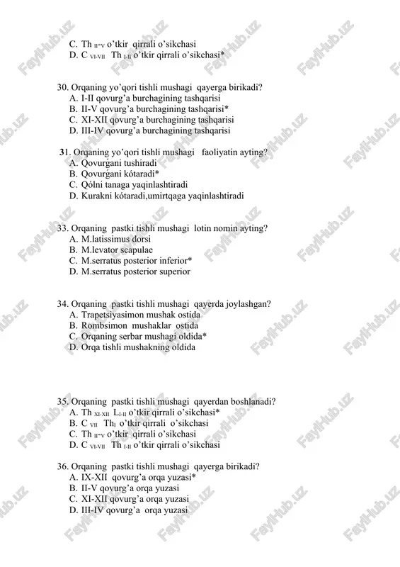 ’zi tomonga buradi 1. boshni qarama qarshi tomonga buradi 52.umurtqa pog’onasin tiklaydigan mushak lotin nomin ayting? 1. m.splenius cervicis 1. m.splenius capitis 1. m.erector spinae* 1. m.iliocostalis 53. umurtqa pog’onasin tiklaydigan mushak qayerdan boshlanadi? 1. th iii-iv o’tkir qirrrali o’sikchasi 1. dumg’azaning orqa yuzasi* 1. c vii th iii-iv o’tkir qirrali o’sikchasi 1. c ii o’tkir qirrali o’sikchasi 24. umurtqa pog’onasin tiklaydigan mushak necha qismga bo’linadi? 1. 2 1. 3* 1. 4 1. 5 55.yonbosh qovurg’a mushagi lotin nomin ayting? 1. m.splenius cervicis 1. m.splenius capitis 1. m.erector spinae 1. m.iliocostalis* 56. yonbosh qovurg’a mushagi necha qismga bo’linadi? 1. 2 1. 3* 1. 4 1. 5 57. yonbosh qovurg’a mushagi ikki tomonlama qisqarganda funkciyasin ayting? 1. umirtqani yozdiradi* 1. umirtqani o’zi tomonga bukadi 1. qovurg’ani tushiradi 1. boshni qarama qarshi tomonga buradi 58.yonbosh qovurg’a mushagining bel qismi qayerden boshlanadi? 1. pastki olti qovurg’a 1. iii-vi qovurg’a burchagi 1. dumg’azaning orqa …
