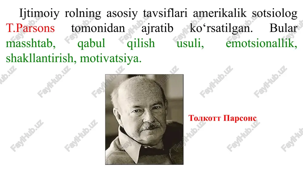 ollar ichida kuzatiladigan nizolarni tahlil qilish bir rolning egasiga nisbatan turli xil guruhlarda turlicha talablar qo‘yilishi natijasida kelib chiqadi. bu borada m.komarovskaya tomonidan amerikadagi kollejlardan birida talabalar bilan o‘tkazilgan tadqiqot klassik xarakterga ega. tadqiqot natijalarining ko‘rsatishicha, talaba qizlarga nisbatan ularning ota-onalarining kutuvlar bilan shu kollejdagi talaba yigitlarning kutuvlari orasida farq kuzatilgan. rollar bilan bog‘liq nizolar tez-tez sodir bo‘lib turuvchi hodisadir. bu esa shaxslararo munosabatlarning murakkabligi bilan bog‘liq. tadqiqotchilarning fikriga ko‘ra, rollardagi nizolar shaxslararo o‘zaro ta’sir jarayoniga ham ta’sir ko‘rsatadi, shuning uchun ijtimoiy psixologlar rollardagi nizolarni hal etish bilan bog‘liq konsepsiyalar ishlab chiqishga harakat qilishmoqda. ulardan biri u.gudning rollardagi zo‘riqishlar nazariyasi bo‘lsa, aynan shunday yo‘nalishni n.gross, u.meysonlarning ham ishlarida ko‘rish mumkin. 3. ijtimoiylashuv tushunchasi bugungi kunda jamiyatimizda olib borilayotgan siyosatning asosiy maqsadlaridan biri – barkamol avlodni tarbiyalashdir. barkamol avlod tarbiyasi uchun mas’ul bo‘lgan kishilar sifatida psixolog mutaxassislarga bugungi mavzu juda dolzarbdir. «ijtimoiylashuv» atamasini birinchi bo‘lib amerikalik sotsiolog f.g.giddings insonlarga nisbatan qo‘llagan. …