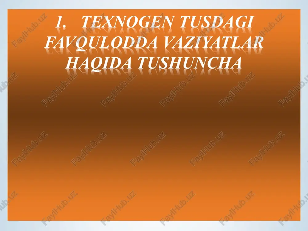 kat sodir bo‘lganda ogohlantirish vositalaridan foydalanish va tegishli tashkilotlarga xabar berishni bilishi zarur. e’tiboringiz uchun rahmat ! texnogen fvlar : kimyoviy havfli ob'ektlardagi halokatlar kimyoviy havfli ob'ektlardagi halokatlar transport halokatlari (avariyalari) transport halokatlari (avariyalari) energetikava kommunaltizim- lardagi halokatlar energetikava kommunaltizim- lardagi halokatlar yongin-portlash havfi mavjud bo’lgan ob'ektlardagi halokatlar yongin-portlash havfi mavjud bo’lgan ob'ektlardagi halokatlar ijtimoiyyo’nalishdagi ob'ektlardagi hodisa vahalokatlar ijtimoiyyo’nalishdagi ob'ektlardagi hodisa vahalokatlar radioaktiv va boshqa xavfli va ekologik jihatdan zarar bo’lgan moddalarni ishlatilishi yoki saqlanishi bilan bog’- liq bo’lgan halokatlar radioaktiv va boshqa xavfli va ekologik jihatdan zarar bo’lgan moddalarni ishlatilishi yoki saqlanishi bilan bog’- liq bo’lgan halokatlar gidrotexnik halokatlar gidrotexnik halokatlar