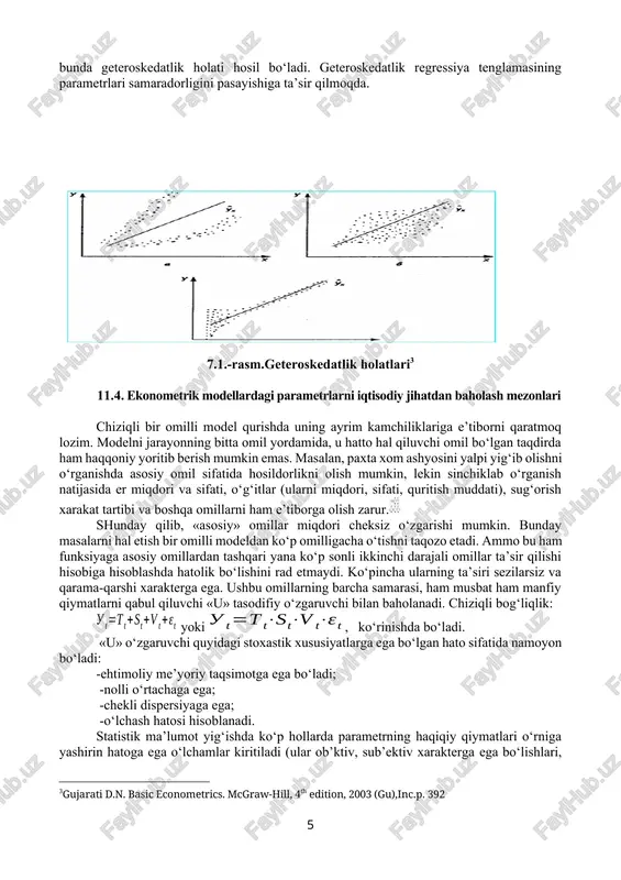 = v u w w x a a y + = + + = 1 0 i i i i u x a a y + + = 1 0 11 - mavzu . ekonometrik modellarni baholash 11 . 1. ekonometrik modellarning iqtisodiy tahlilida verifikatsiya bosqichining ahamiyati . 11 . 2. ekonometrik modellar sifati va ahamiyatini mezonlar bo‘yicha baholash . 11 . 3. gomoskedatlik va geteroskedatlikni aniqlash uchun testlar . 11 . 4 . ekonometrik modellardagi parametrlarni iqtisodiy jihatdan baholash mezonlari tayanch iboralar : verifikatsiya bosqichi , fisher mezoni , styudent mezoni , darbin - uotson mezoni , gomoskedatlik va geteroskedatlik 11 . 1. ekonometrik modellarning iqtisodiy tahlilida verifikatsiya bosqichining ahamiyati tahlil qilinayotgan qatorlar dinamikasi har doim anchagina uzunroq qatorlarning tanlamasi hisoblanadi . shuning uchun korrelyasion - regerssion tahlil asosida olingan ekonometrik modellarning ishonchliligini har tomonlama tekshirish va baholash lozim . tuzilgan ekonometrik ahamiyatliligi , ishonchliligi va keyinchalik bashoratlashda qo‘llash …