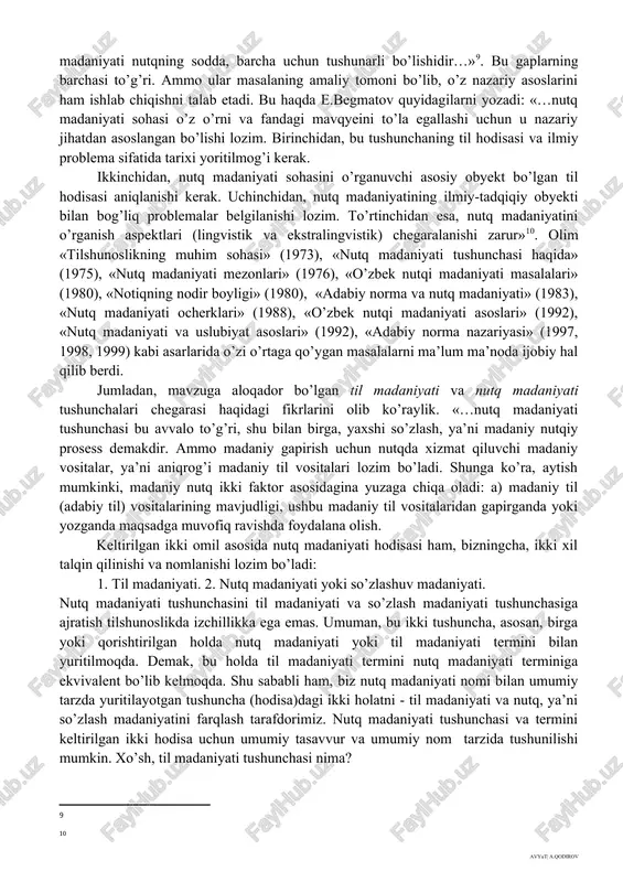 ka, uzundan-uzoqlikka yo’l qo’yilmasligi, qisqalik, soddalik va aniqlik bu nutqning asosiy o’lchovi bo’lishi lozim. keng ma’noda esa nutq madaniyati nutqiy ta’sirchanlikni, ijodiy yorqinlikni, o’tkirlik va obrazlilikni ifoda etadi. shu sohaning yirik bilimdoni prof. e.begmatovning qayd etishicha, ma’naviyatimiz tarixida «nutq odobi» deb yuritib kelingan qoidalar uning ko’hna tarixga ega ekanligidan dalolat beradi. xx asrning 20-30-yillarida boshlangan «… «til qurilishi» nomi bilan atalgan ulkan lingvistik va social madaniy tadbirlar o’z ichiga o’sha davr tillari rivoji uchun eng zaruriy, hayotiy masalalarni qamragan edi. chunonchi, yangi adabiy til uchun dialektal bazani belgilash, yozuvsiz tillar uchun alfavit yaratish, ba’zi noqulay alifbolarni boshqa ilg’orroq hisoblangan alfavit bilan almashtirish, adabiy tilning imlo prinsiplarini ishlash, orfografiyadagi kamchiliklarni tugatish, adabiy tilning morfologik va leksik normasidagi ikkilanish va barqarorlikni ilmiy asosda bartaraf etish, hali deyarli qo’l urilmagan juda ko’p xalqlarning adabiy tillarini o’rganish va ularning grammatikasini yaratish, millatlarning o’z ona tillarida o’quv-o’qituv ishlarini olib borishlariga imkoniyat yaratish, milliy adabiy tillarning …