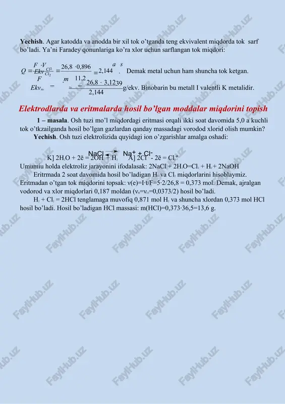 / 55,85 2  g     ga teng nf 2 96500 k ga teng fe3+ ion uchun esa g k k ar kfe 0,000193 / 55,85 2  g     nf 3 96500 2 – masala. metall xloridi suyuqlanmasi elektroliz qilinganda anodda 0,896 l xlor (n:sh) va 3,12 g metall hosil bo’lgan. metallni va uning ekvivalenti aniqlang. yechish. agar katodda va anodda bir xil tok o’tganda teng ekvivalent miqdorda tok sarf bo’ladi. ya’ni faradey qonunlariga ko’ra xlor uchun sarflangan tok miqdori: a s  f v  26,8 0,896 cl    2,144 11,2  q 2 demak metal uchun ham shuncha tok ketgan. ekv cl 2 f m   26,83,12  q 39 ekvme ne g/ekv. binobarin bu metall i valentli k metalidir. 2,144 elektrodlarda va eritmalarda hosil bo’lgan moddalar miqdorini topish 1 – masala. osh tuzi mo’l miqdordagi eritmasi orqali …