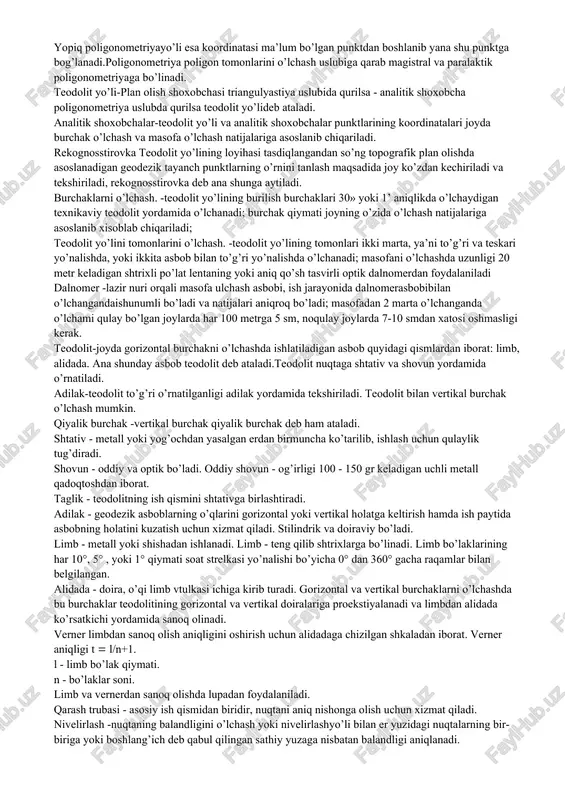 asshtab grafik shaklda iifodalansachiziqli masshtab deyiladi grafik aniqligi -chiziqli masshtabning chap tomonidagi birinchi kesma teng 10 bo’lakka bo’linadi - 1 bo’lagi grafik aniqligi deyiladi nomenklatura -topografik kartalarni varaqlarga bo’lish, hamda bu varaqlarni belgilash, ya’ni ularga nom berish sistemasi nomenklaturadeyiladi. rel’efi- biror joydagi notekisliklar, ya’ni past-balandliklar yig’indisiga shu joyning rel’efi deyiladi. qavariq-rel’ef shakllari tashqi ko’rinishiga qarab qavariq, ya’ni bo’rtib chiqqan va botiq bo’ladi.bo’rtib chiqqan shakllari - do’ng, tepa, gryada, tog’ tizmasi; botiq shakliga - vodiy, jar, balka, chuqurlik, pastlik, qozonsoy, soy va boshqalar kiradi. tepa- atrofdagi tekis joydan gumbazsimon yoki konussimon ko’tarilib turgan balandlik tepa deyiladi. tepaning nisbiy balandligi 200 m gacha bo’ladi. do’ng -nisbiy balandligi 100 m gacha bo’lgan tepa do’ng deyiladi. gryada- uzunasiga davom etgan qator tepaliklar gryada deyiladi, nisbiy bilandligi 200 metrgacha bo’ladi. tog’- atrofdagi tekislikdan qad ko’targan balandlikdir. nisbiy balandligi 500 metrdan oshadi, gumbazsimon, konussimon, piramida shaklida bo’lishi mumkin. tog’ning eng baland nuqtasi - tog’ tepasi, cho’qqi. …
