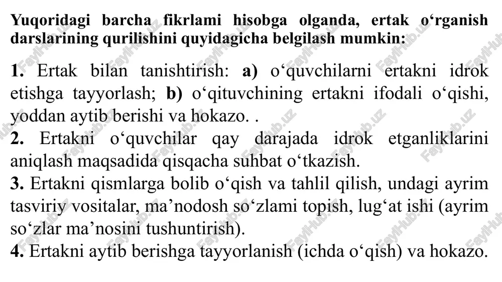 odali, adabiy, shartli yoki ijodiy o‘qish, muammoli usullardan foydalanish uchun ham manba bo‘lishi mumkin. boshlang‘ich sinflarda o‘rganishga taqdim etilgan hikoyalar sujeti qahramonlarini o‘rganish bo‘yicha turli tahlillar mam ustida ishlash asosida olib boriladi. bunda o‘quvchining ijodiy faolligi ortadi, ijodiy fikrlash doirasi kengayadi. hikoya mazmunini o‘zlashtirish bo‘yicha matn asosida quyidagi ishlar amalga oshiriladi: 1. mam mazmuni yuzasidan savollarga javob berish. 2. hikoya matni asosidagi topshiriqlarni bajarish. 3. hikoya mazmuni yuzasidan o‘quvchilarning savollar tuzishi. 4. hikoya mazmuniga mos rasmlar chizish. 5. hikoya matnini qismlarga bo‘lish. 6. har bir qismga sarlavha topish. 7. hikoyaga reja tuzish. 8. reja asosida qayta hikoyalash (to‘liq, qisqartirib va ijodiy qayta hikoyalash). 9. reja asosida bayon yozish va hokazo. hikoyalaming didaktik tahlilini amalga oshirishda o‘qilayotgan matnning tushunilganlik darajasi hal qiluvchi ahamiyat kasb etadi. tushunarlilik - yozuvchi yaratgan badiiy olamning o‘ziga xosligi, obrazli tasvirning o‘quvchi hayotiy tajribasi, bilim darajasiga muvofiqligini nazarda tutadi. hikoyani o‘rganishda savollarni, odatda, o‘qituvchi beradi, ammo asar …